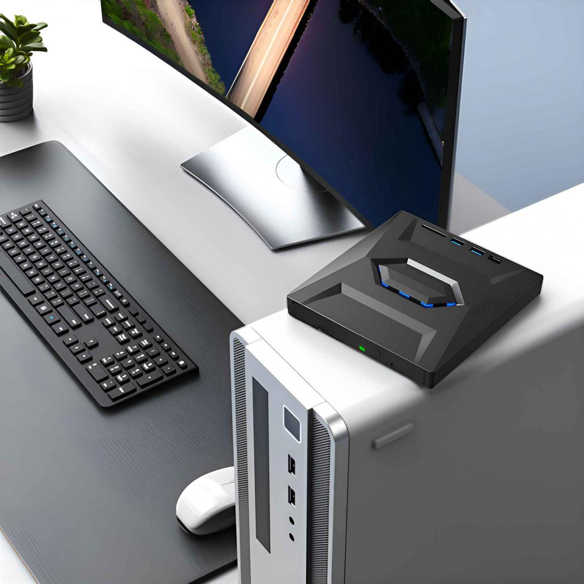 Ein schwarzer Computer mit Tastatur, Maus, Monitor und schwarzem Zubehör.