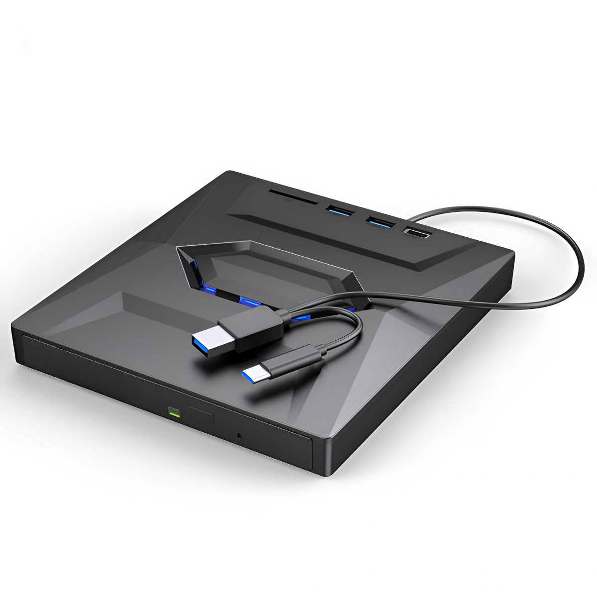 Schwarzer USB-C-Hub mit mehreren Anschlüssen und blau beleuchteten Buchsen.