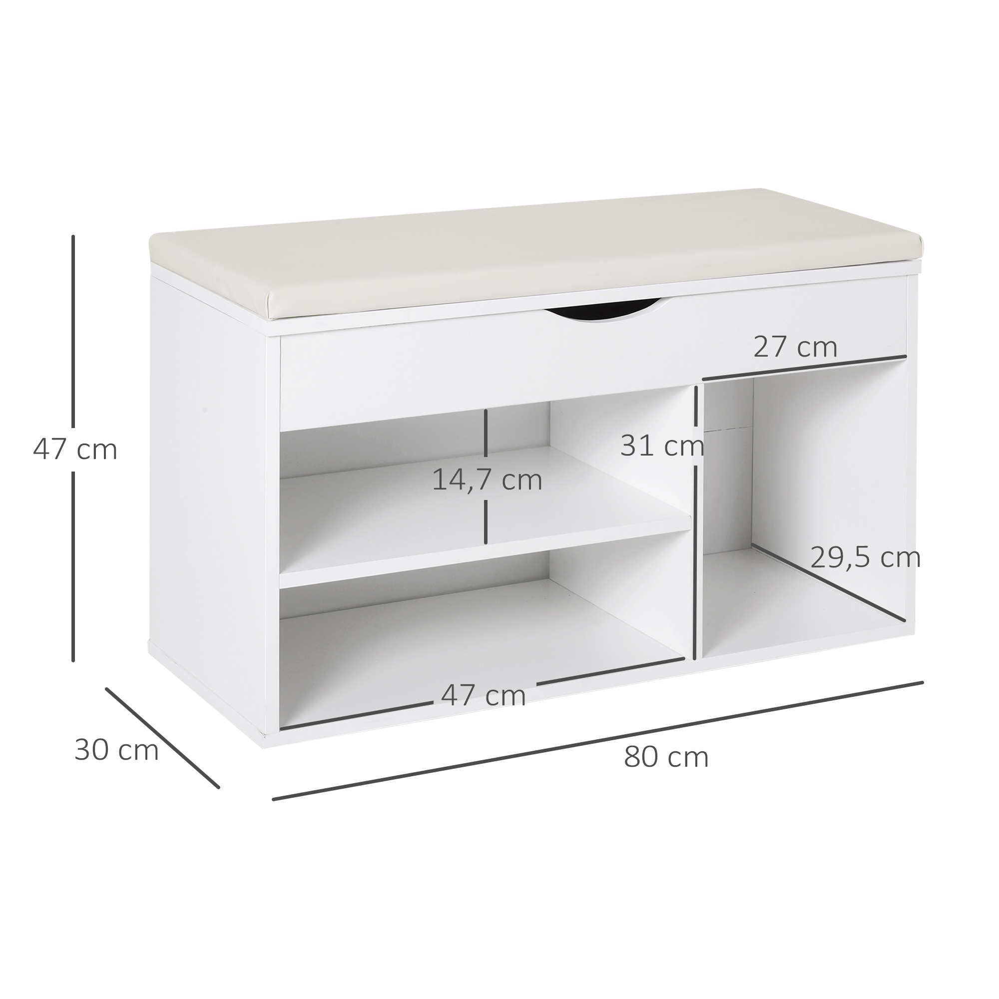 Un zapatero blanco con banco, se muestran las dimensiones.