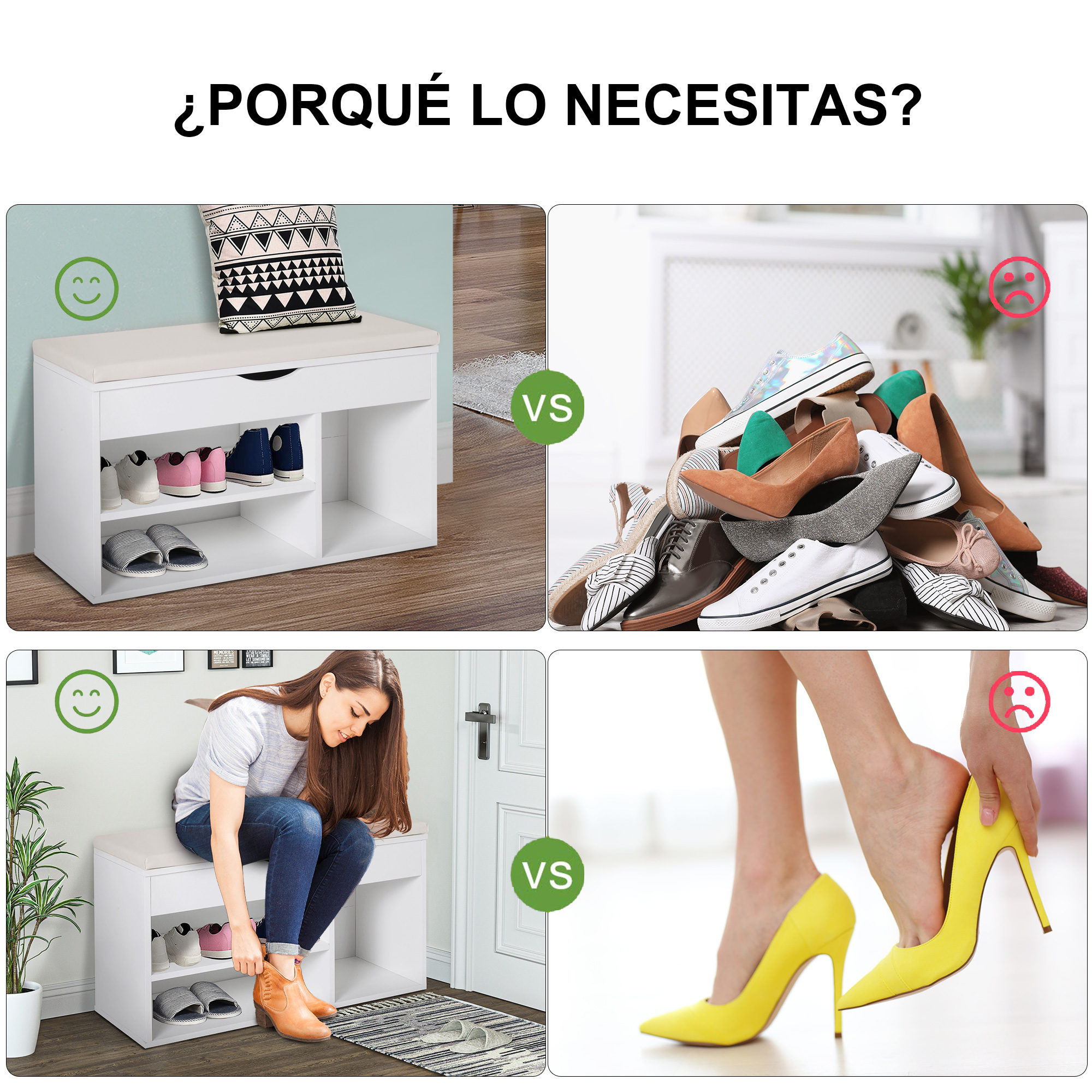 Zapatero organizado vs. montón de zapatos desordenado; mujer poniéndose botas vs. mujer con pies doloridos en tacones.