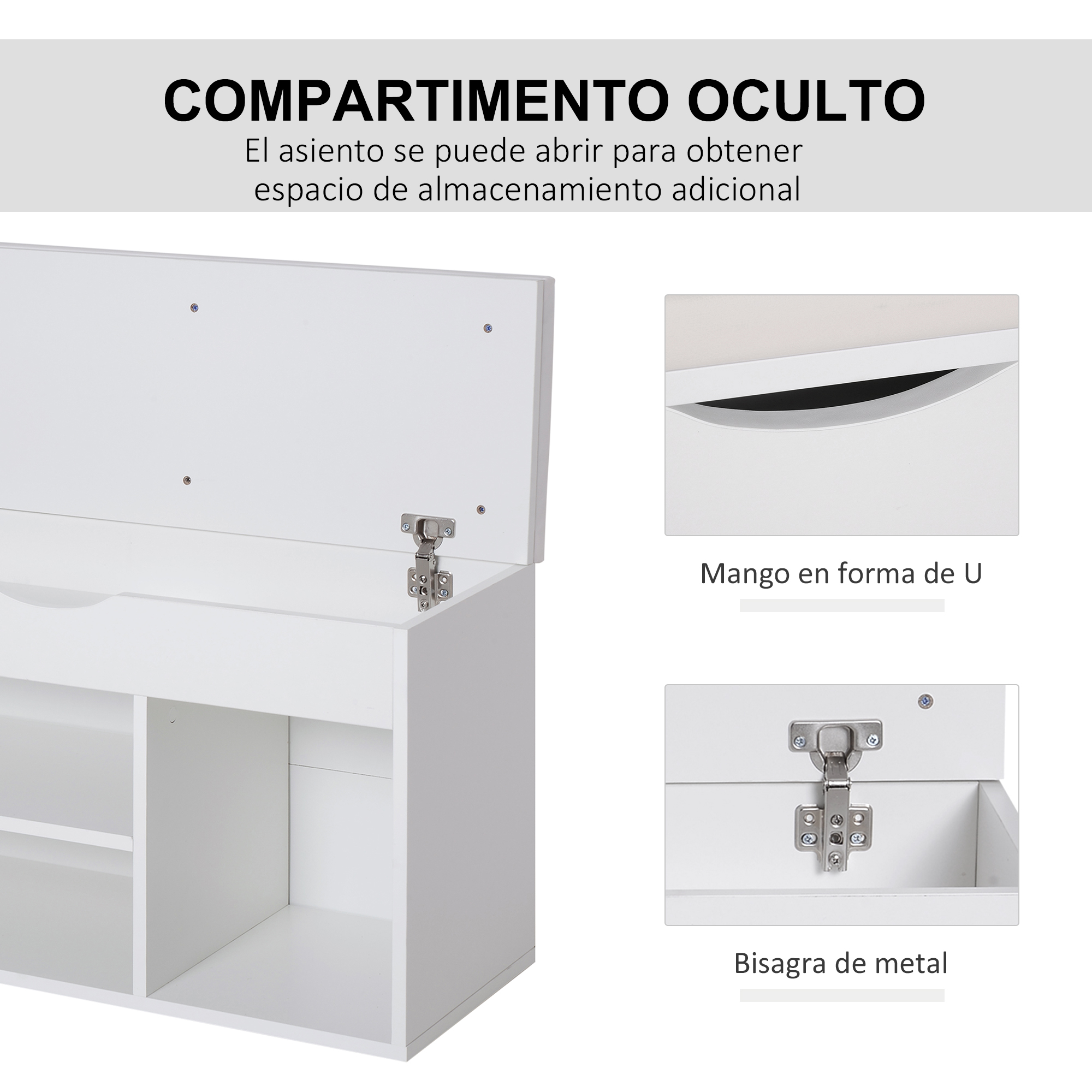 Banco de almacenamiento blanco con compartimentos abiertos y bisagra.
