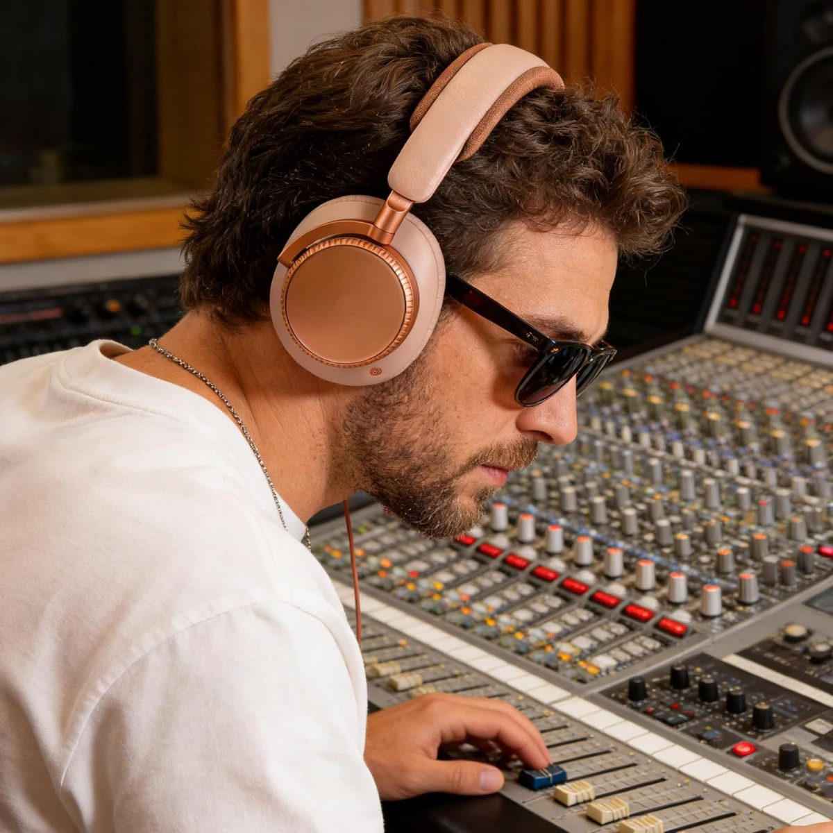 Mann mit Kopfhörern und Sonnenbrille am Mischpult im Studio.