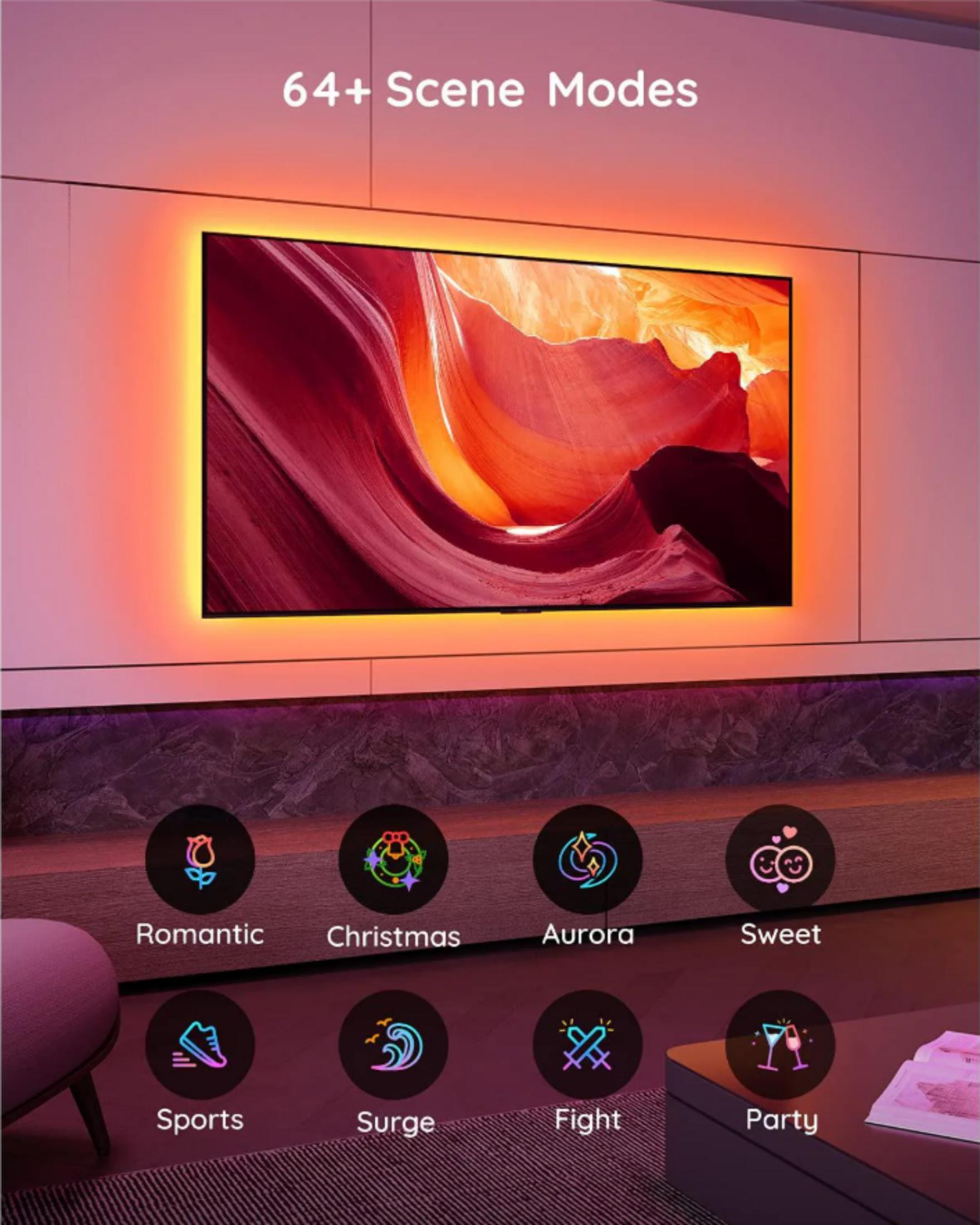Una TV mostra un'immagine astratta rossa, retroilluminata da luce arancione calda. Sotto ci sono icone per le modalità scena.