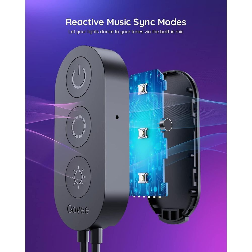 Controller Govee con tre pulsanti e circuito aperto con LED blu.