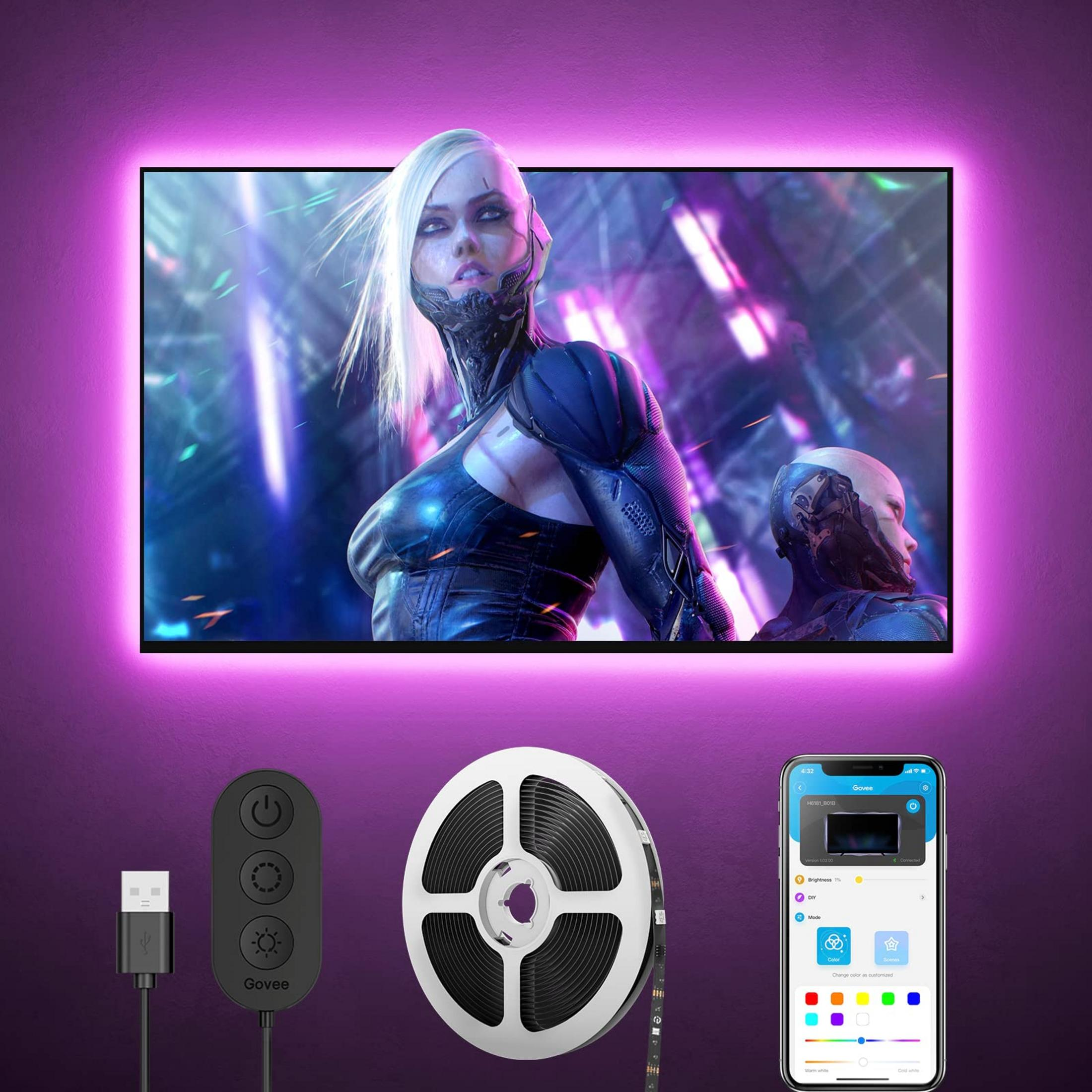 TV con arte sci-fi, striscia LED, telecomando, cavo USB e app, retroilluminata viola.