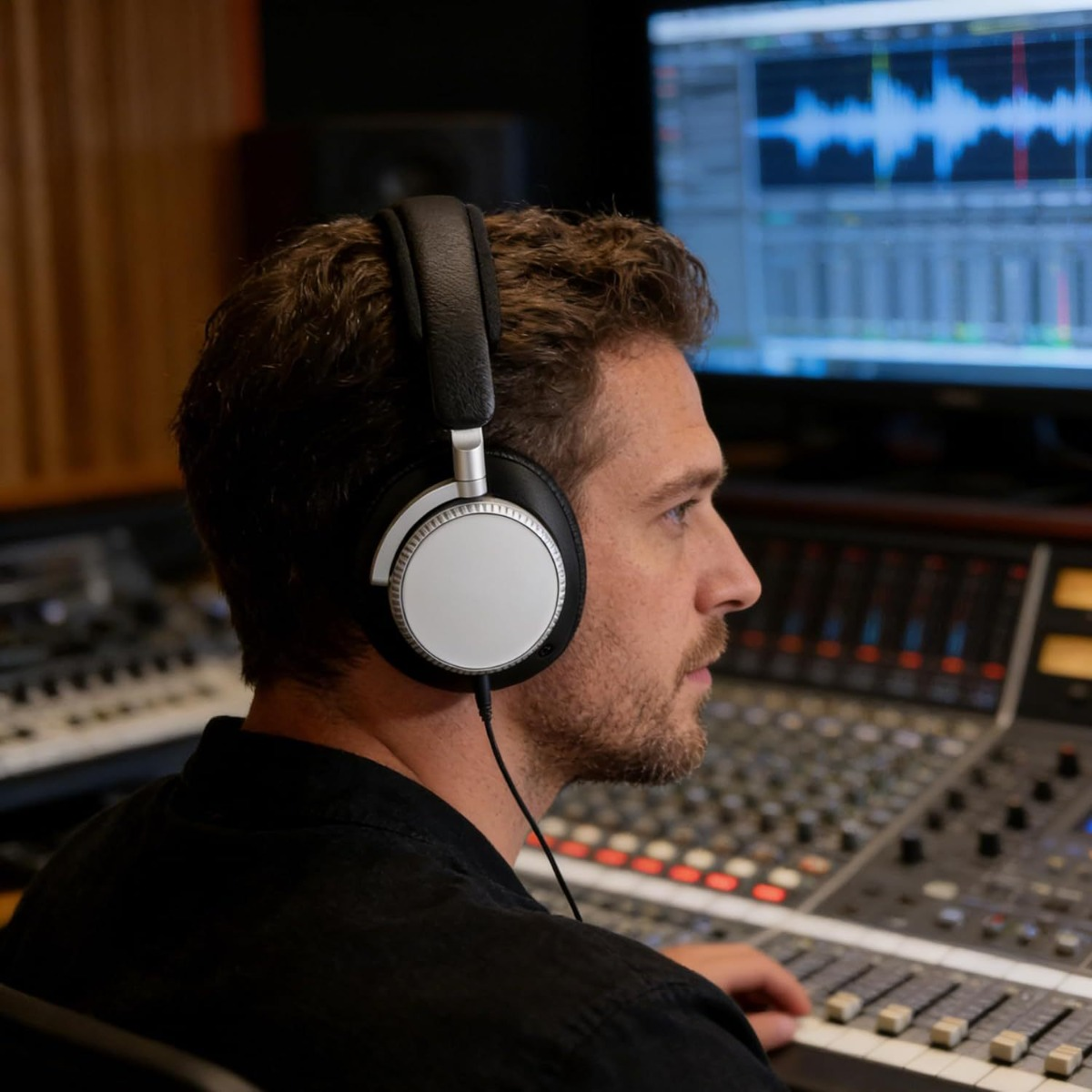 Mann mit Kopfhörern im Tonstudio vor Mischpult und Bildschirm.