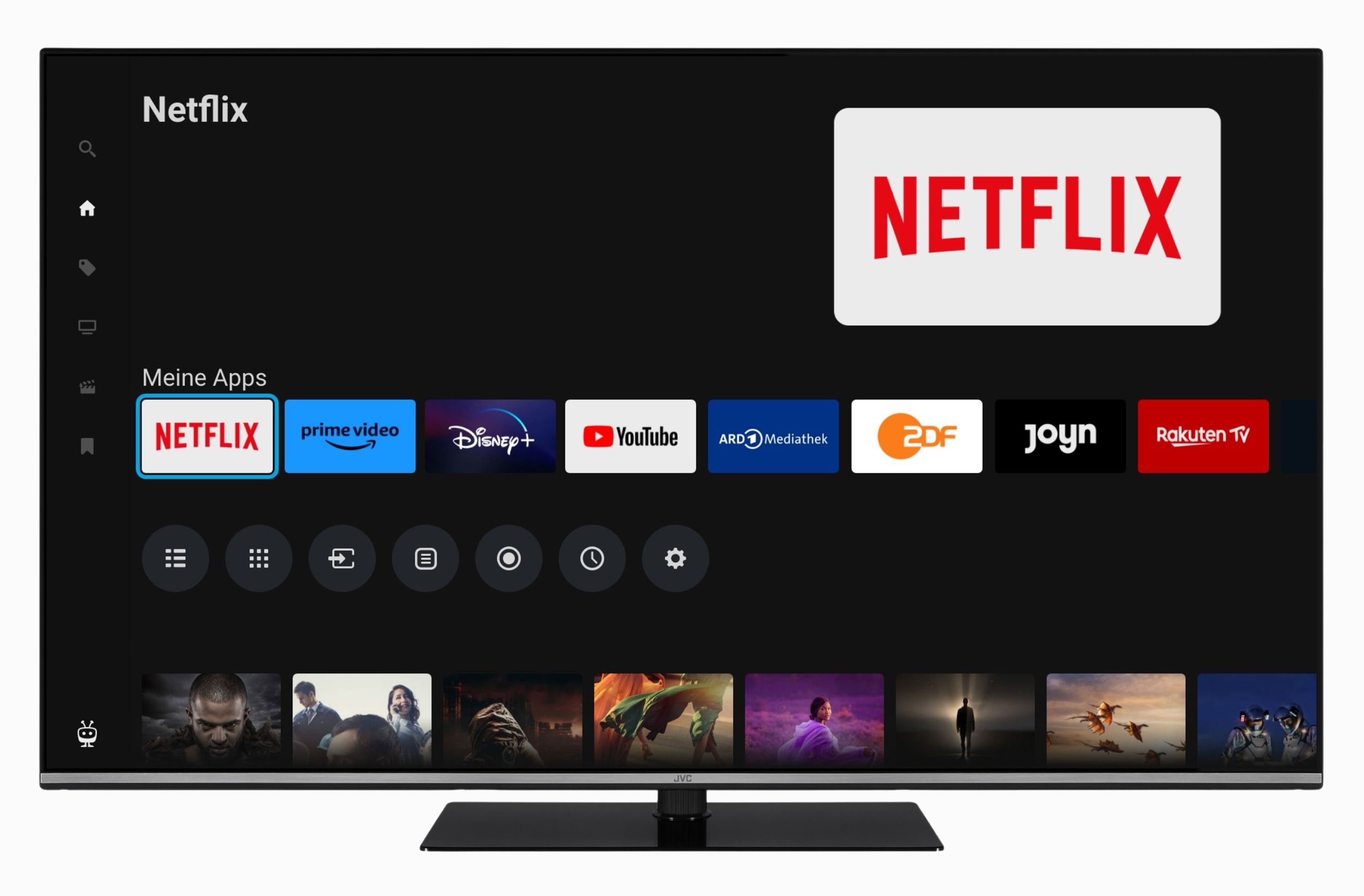Ein Fernsehbildschirm zeigt die Netflix-Startseite mit Apps wie Prime Video und YouTube.