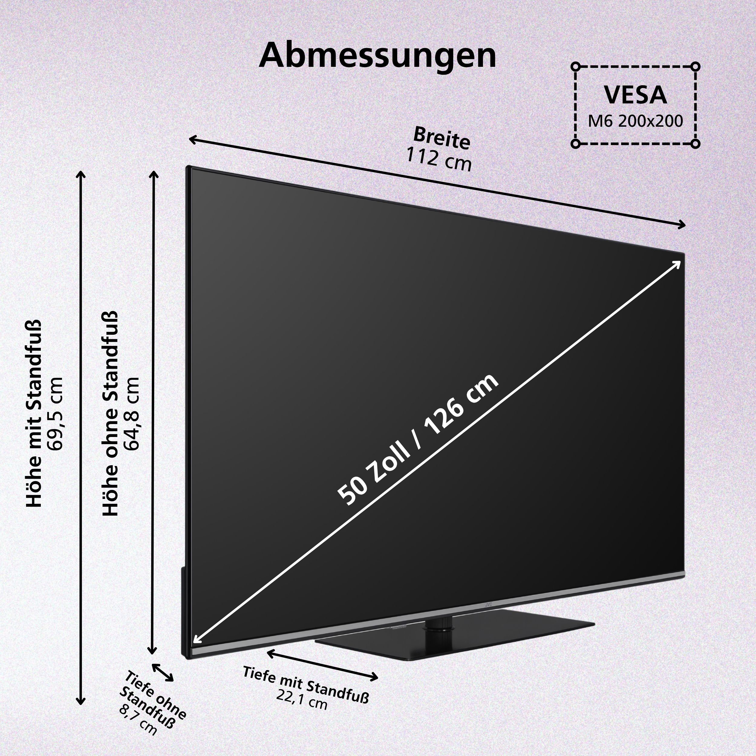 Ein Fernsehgerät mit Abmessungen: Breite 112cm, Höhe 69,5cm mit Fuß, 64,8cm ohne Fuß.