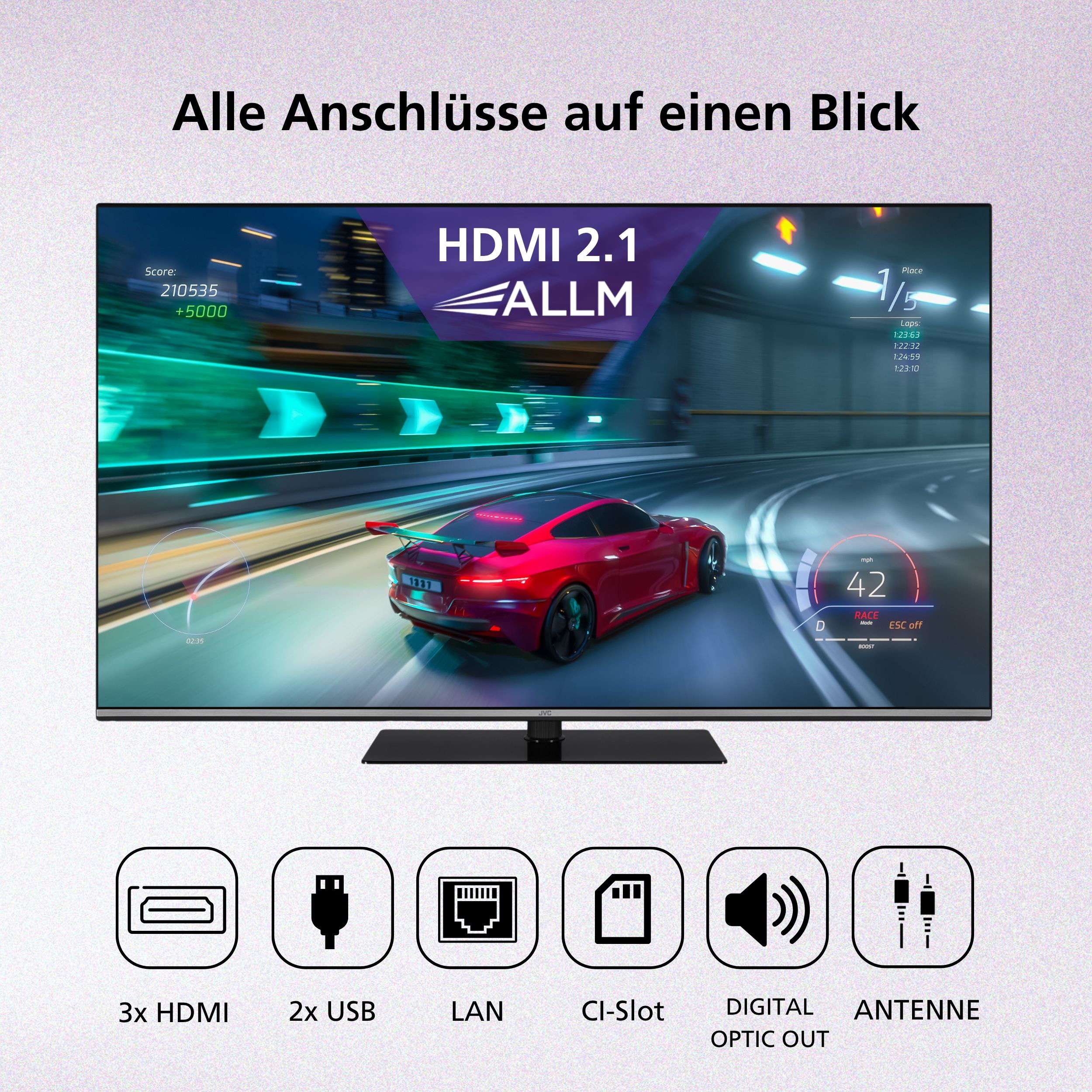 Ein moderner Fernseher zeigt ein Rennspiel mit HDMI 2.1 und ALLM-Unterstützung.