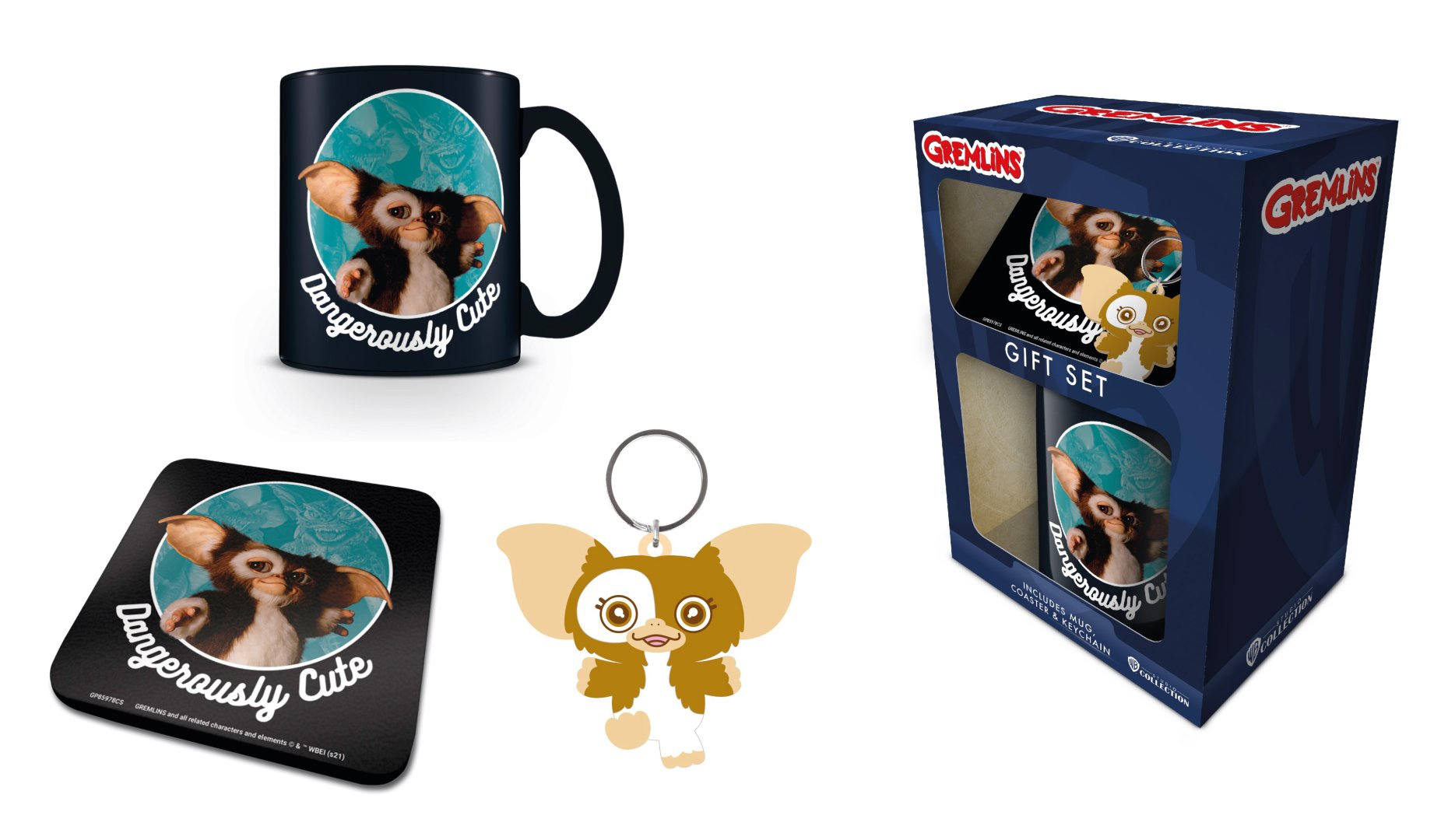 Zestaw prezentowy Gremlins z kubkiem, podstawką i breloczkiem z Gizmo.
