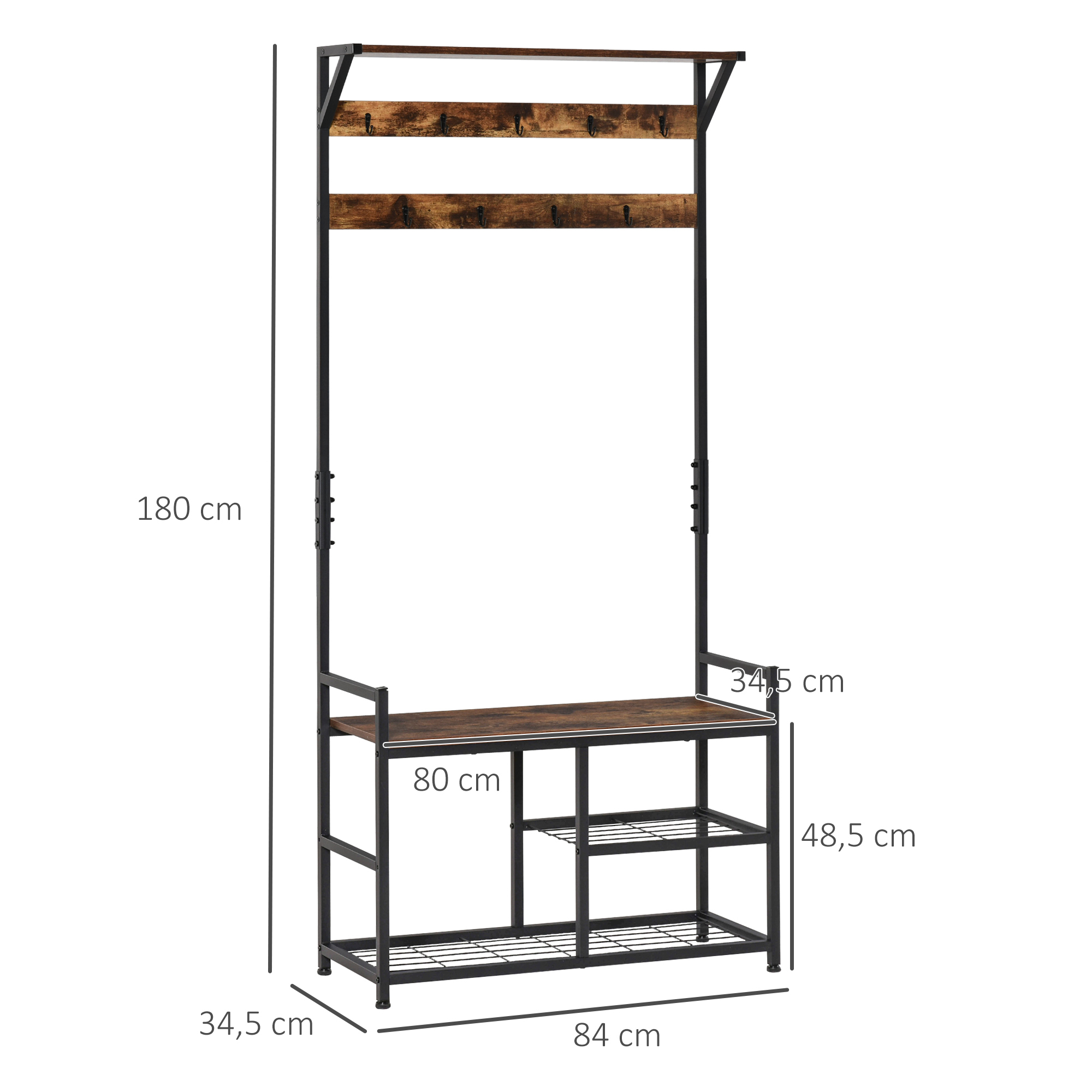 Estantería metálica negra con estantes de madera, 180x84x34,5 cm, con ganchos.