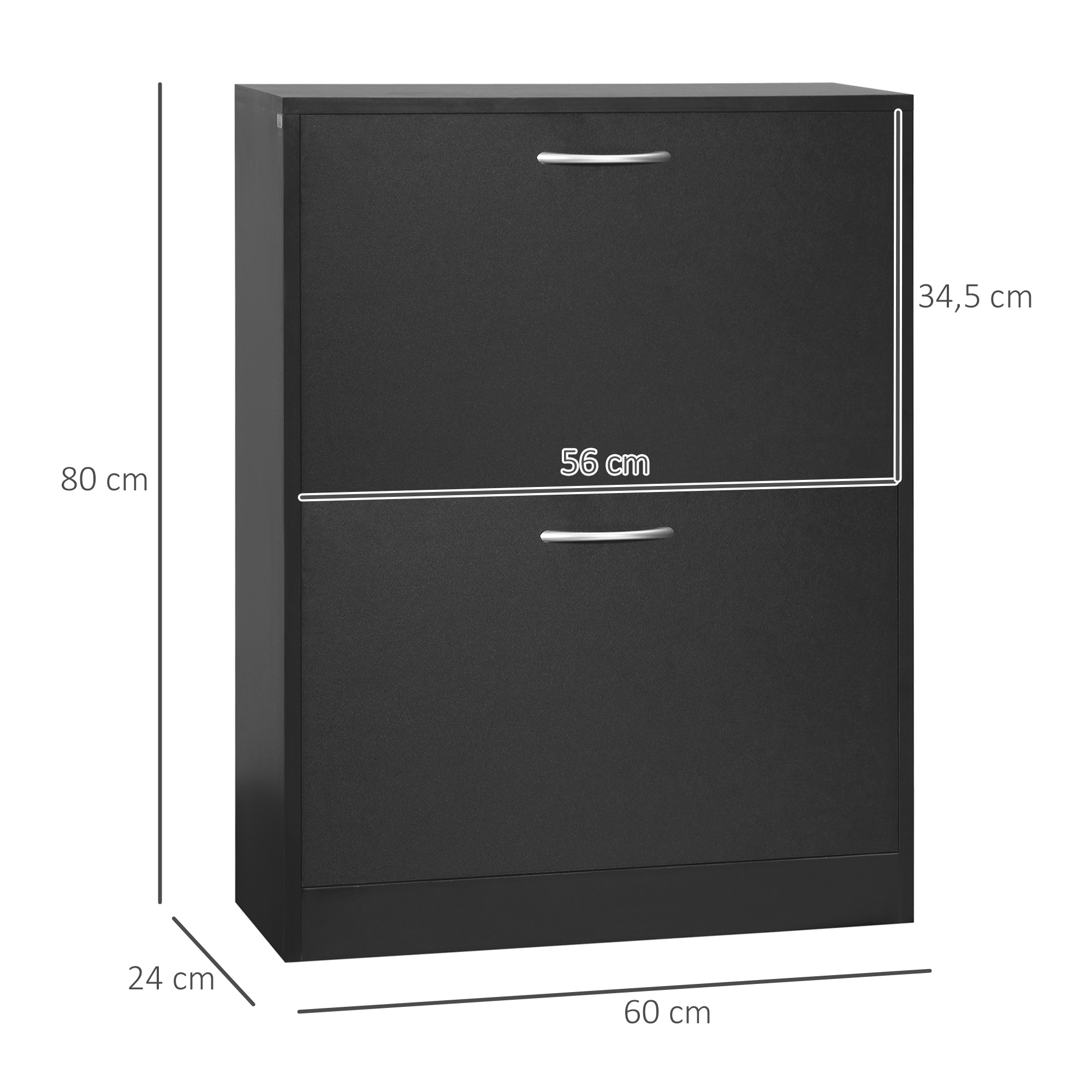 Zapatero negro con dos puertas abatibles y tiradores plateados. Dimensiones: 80x60x24cm.