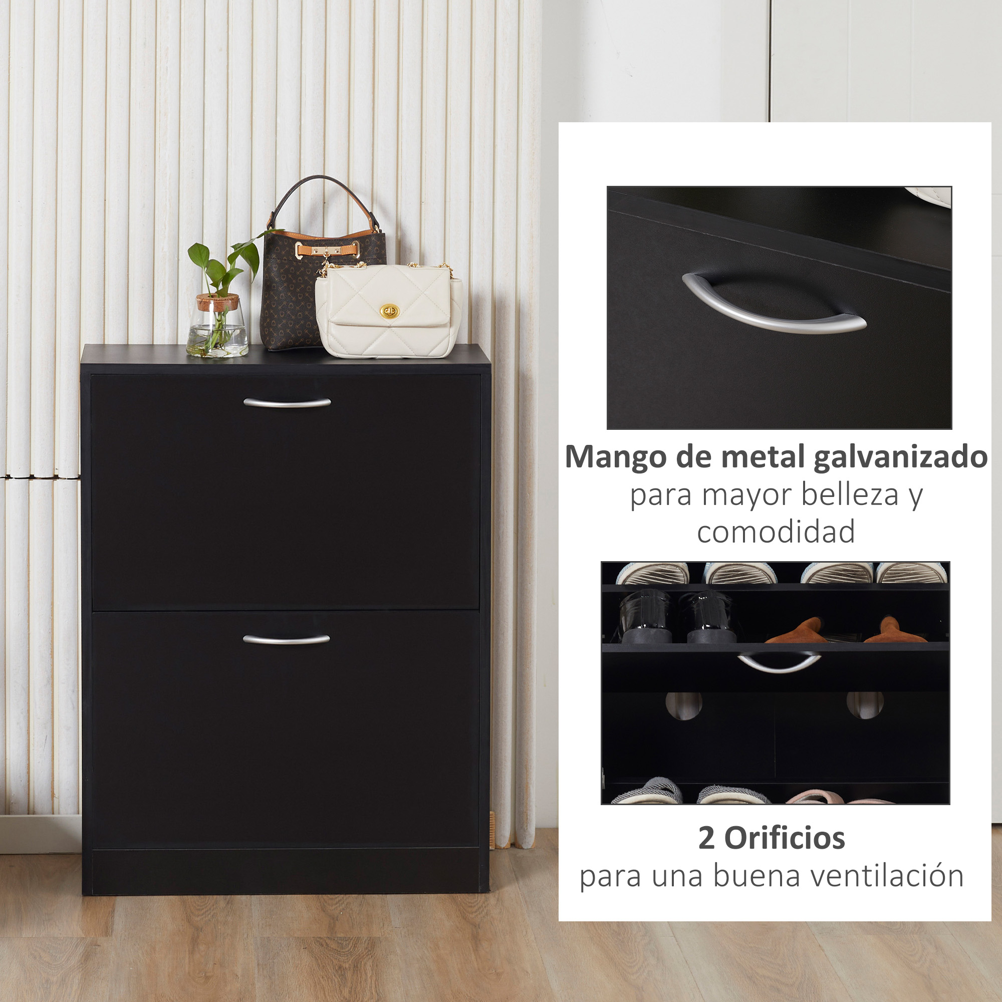 Zapatero negro con dos cajones y tiradores plateados. Encima hay bolsos y una planta.