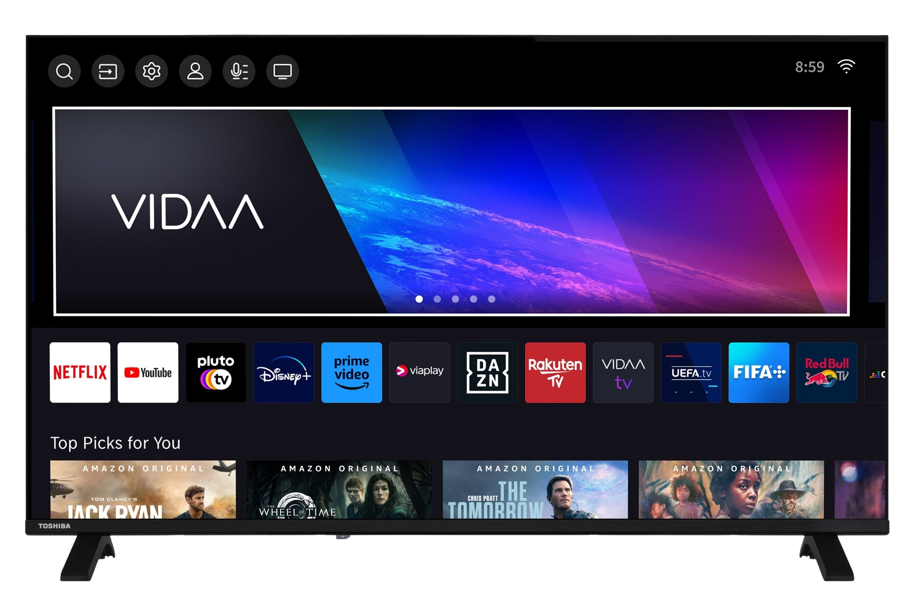Ein Toshiba Smart TV zeigt die VIDAA-Oberfläche mit App-Symbolen und Filmauswahl.