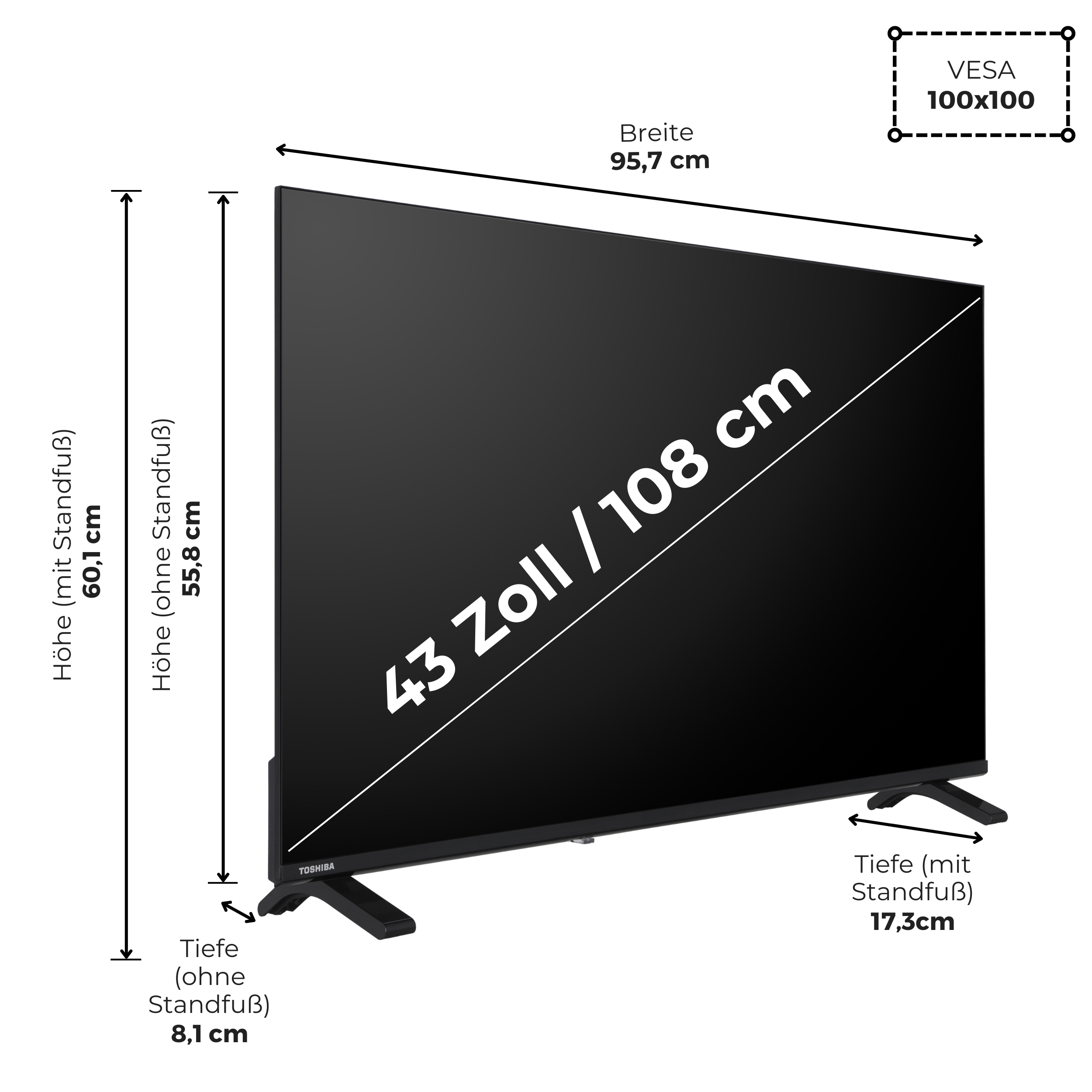 Ein Toshiba Fernseher mit 43 Zoll (108 cm) Bildschirmdiagonale, Breite 95,7 cm.