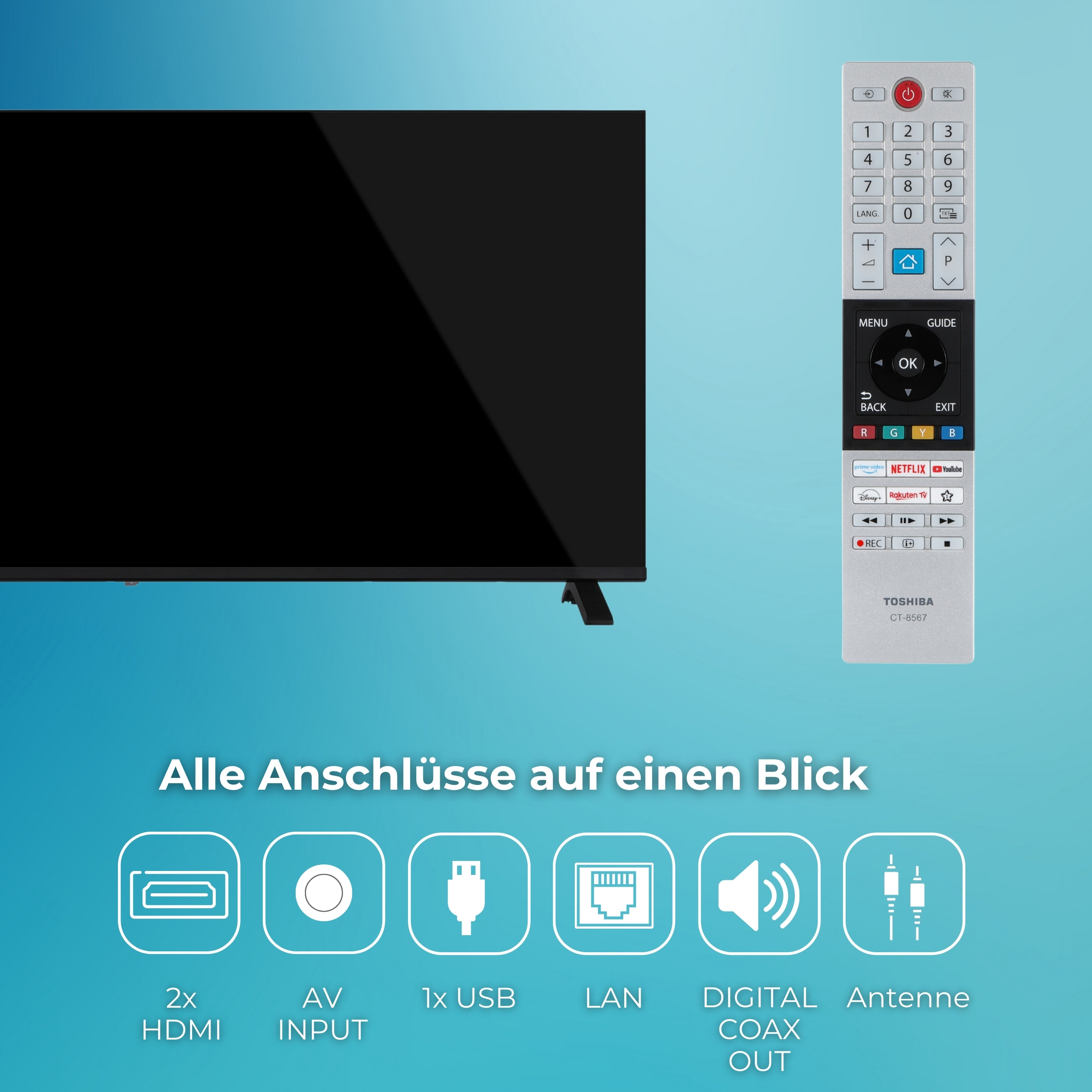 Ein Toshiba Fernseher mit Fernbedienung und Anschlussübersicht.