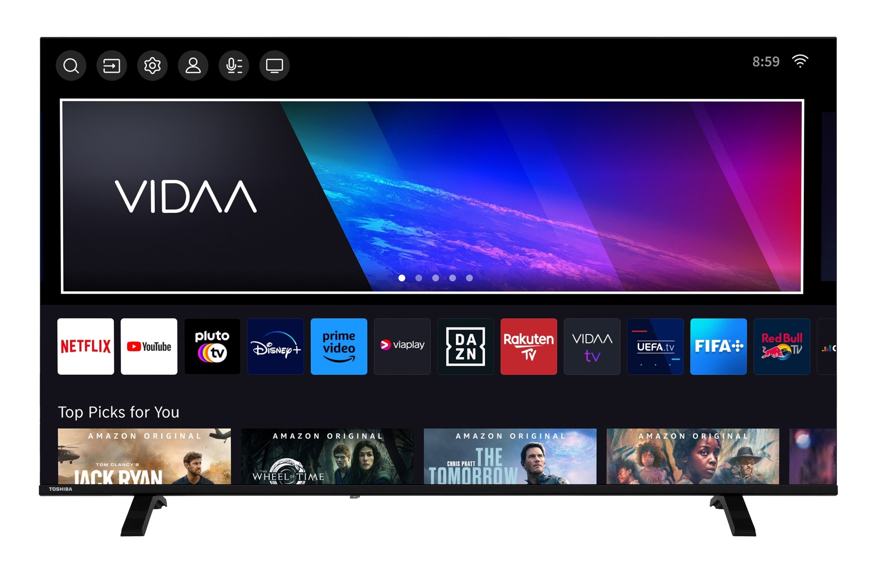Ein Toshiba Smart TV zeigt die VIDAA-Oberfläche mit App-Symbolen und Filmen.