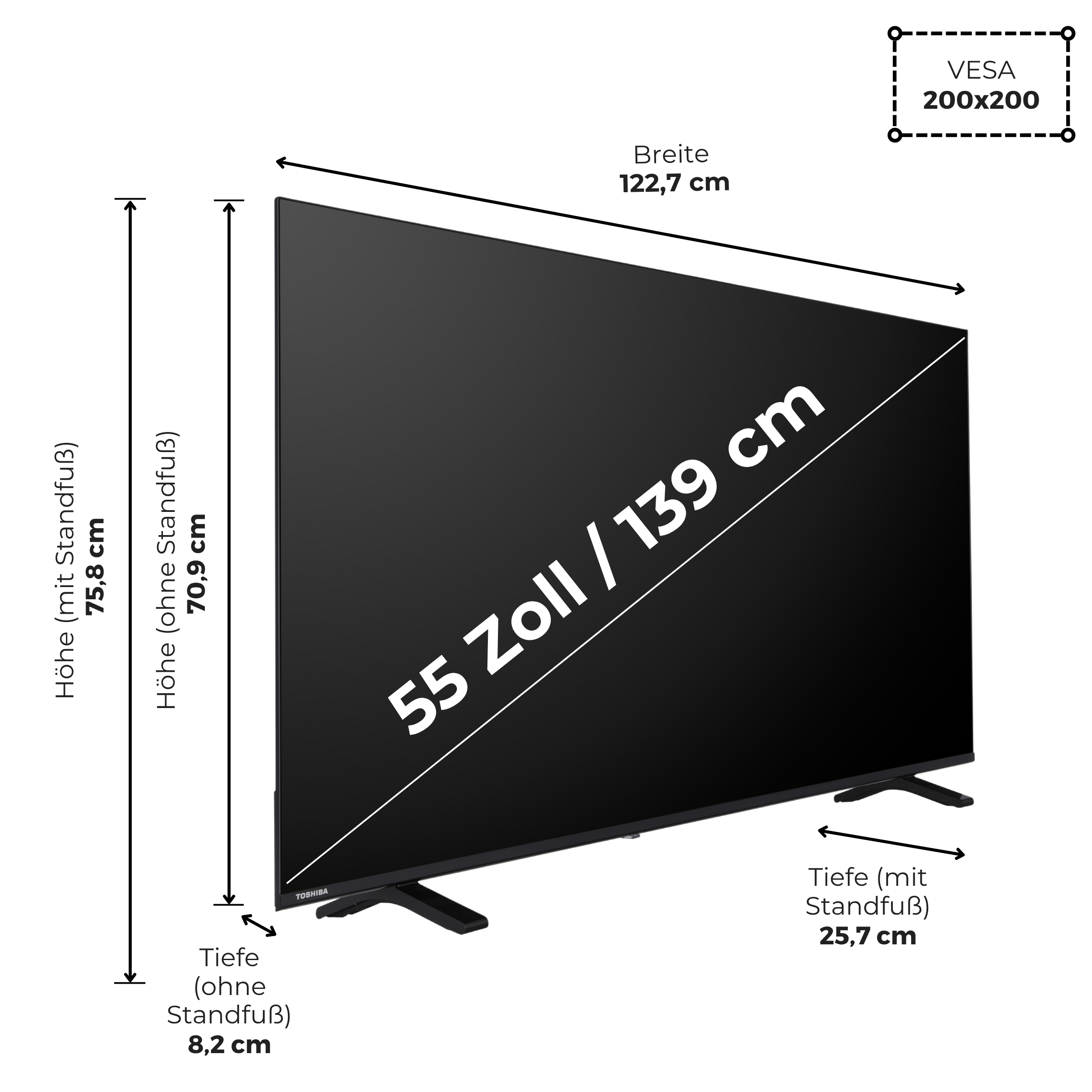 Ein schwarzer 55-Zoll-Fernseher mit Standfuß, Breite 122,7 cm, Höhe 75,8 cm, Tiefe 25,7 cm.