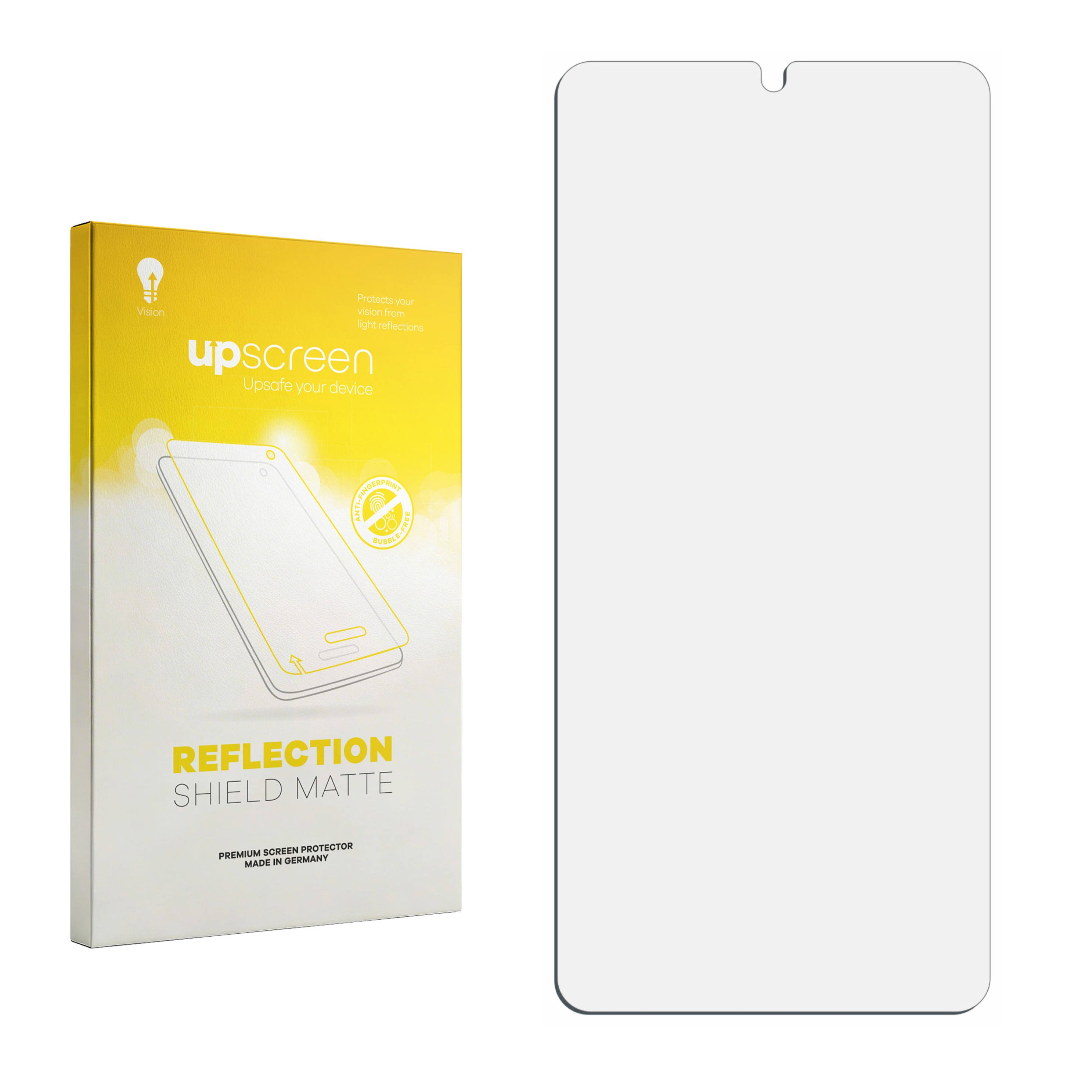 Gelbe Verpackung mit „upscreen“ Logo und mattem Displayschutz auf weißem Hintergrund.