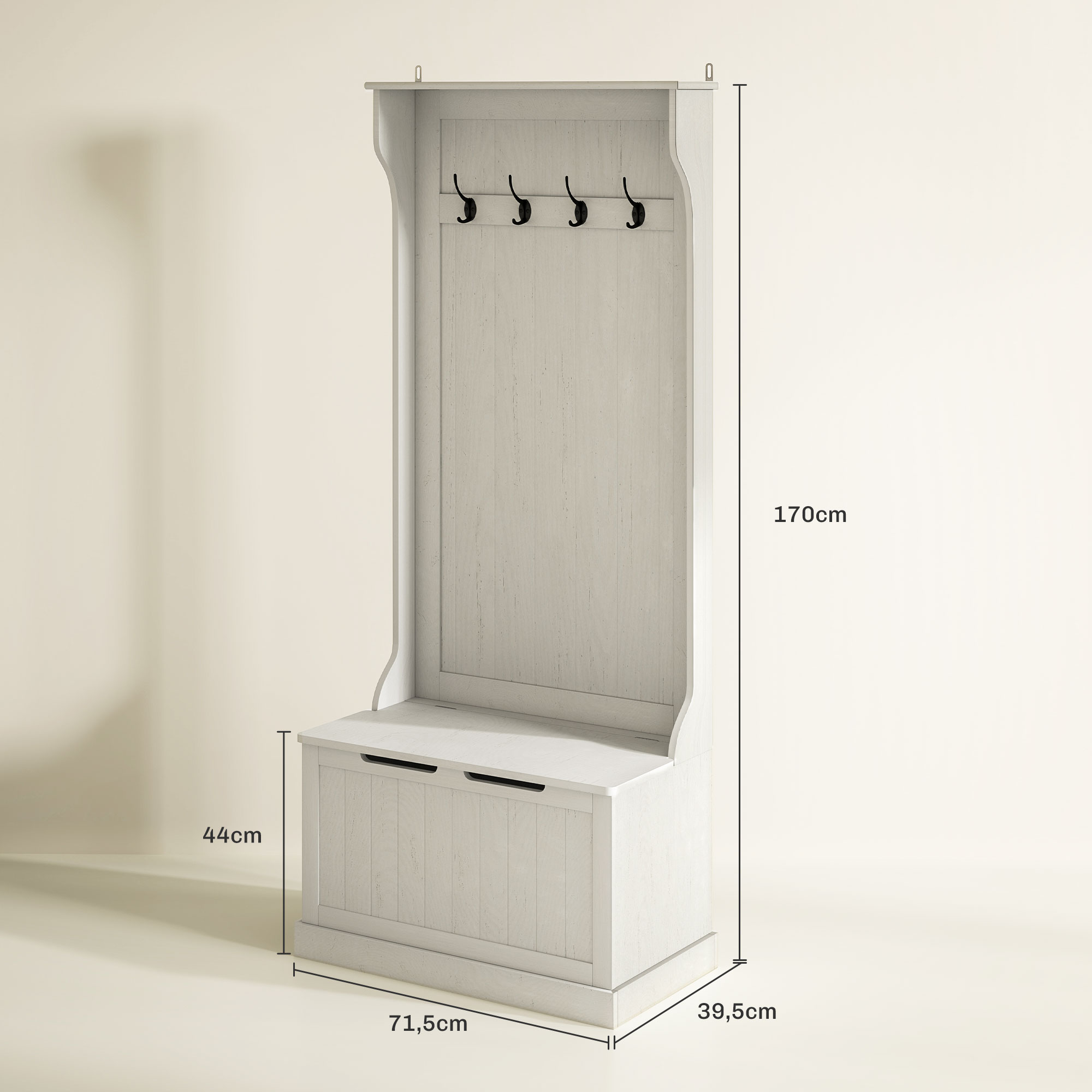 Árbol de pasillo blanco con ganchos y banco de almacenamiento. Dimensiones: Al 170cm, An 71.5cm, Pr 39.5cm.