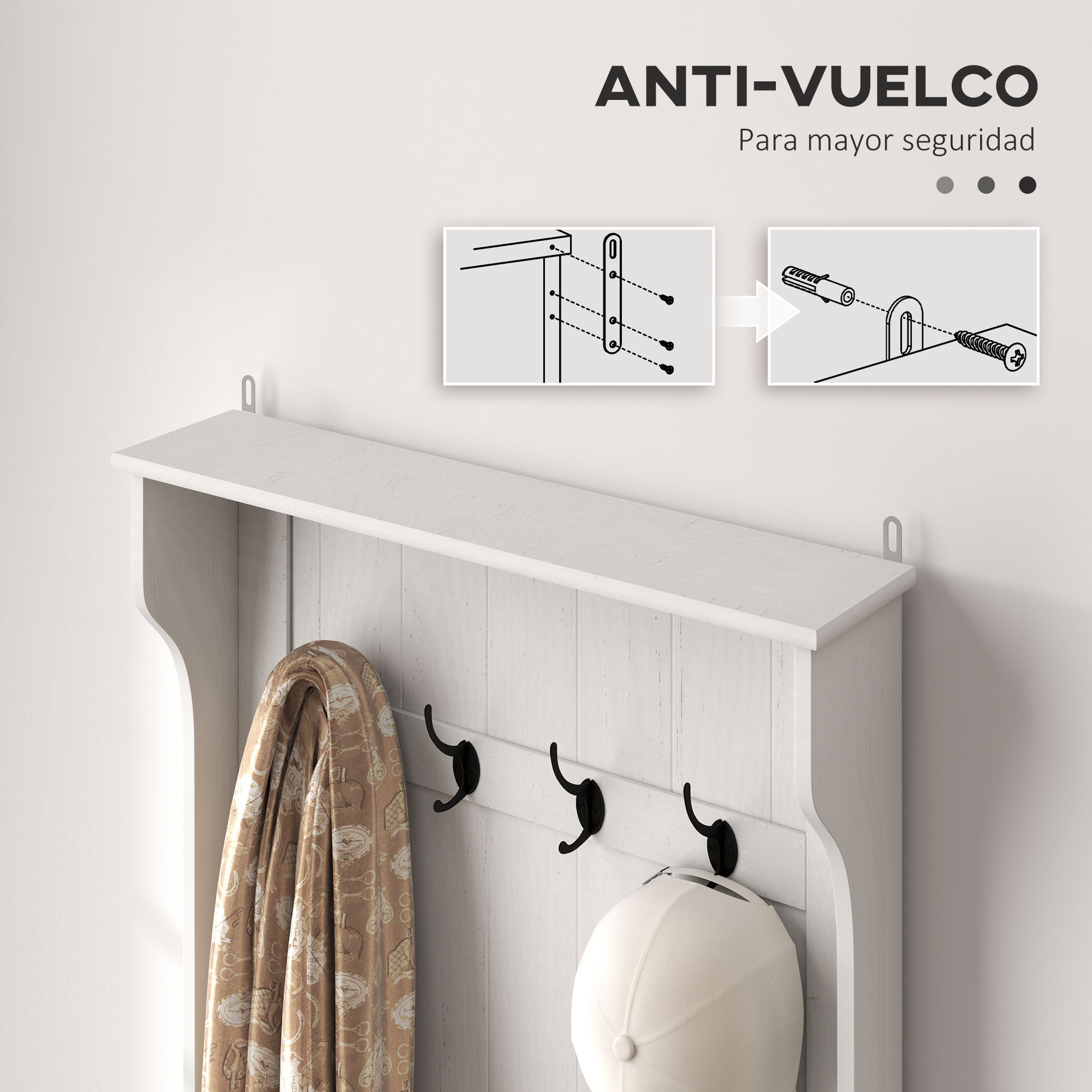 Estante de pared blanco con ganchos, bufanda y casco. Guía.