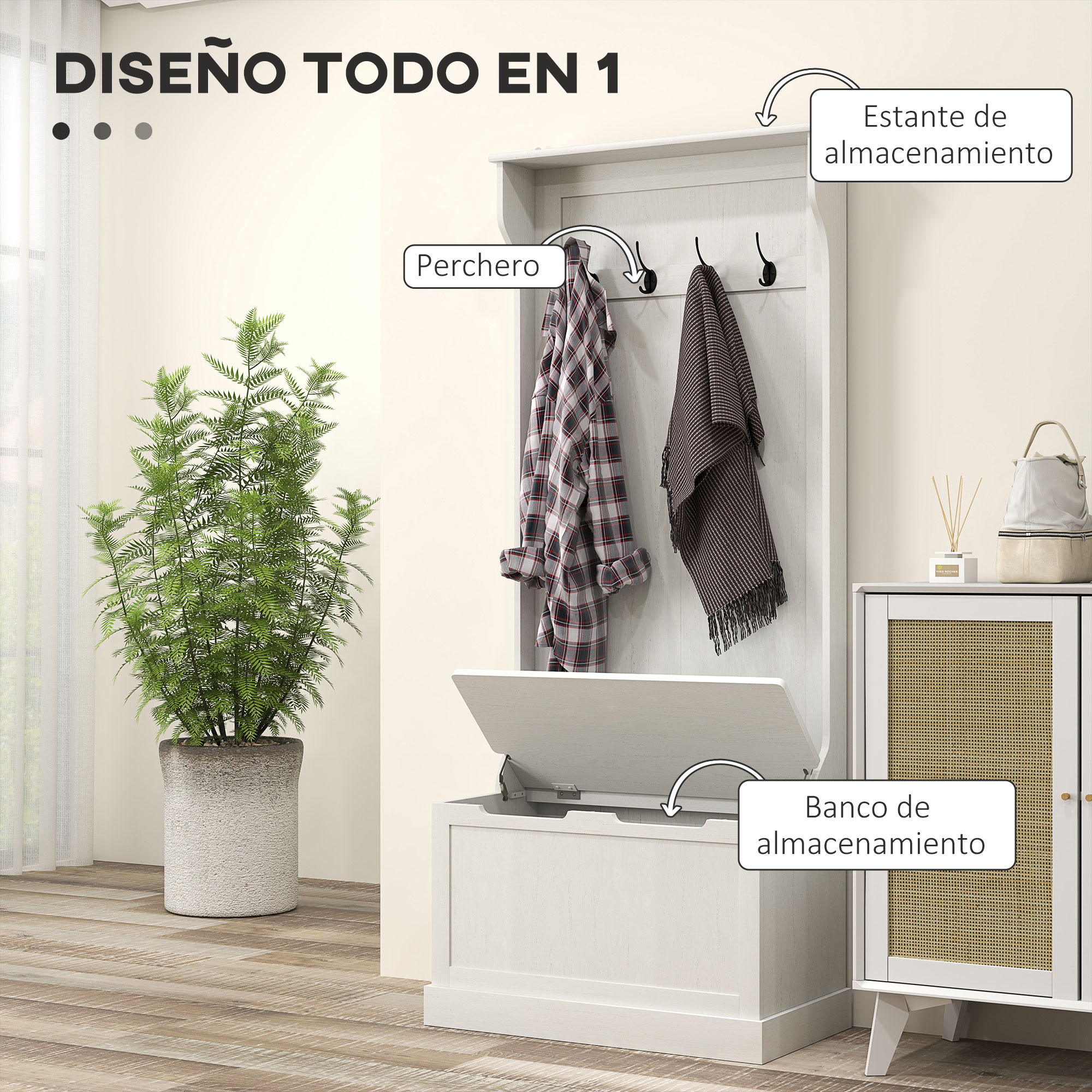 Un mueble blanco con colgador, banco y maceta.