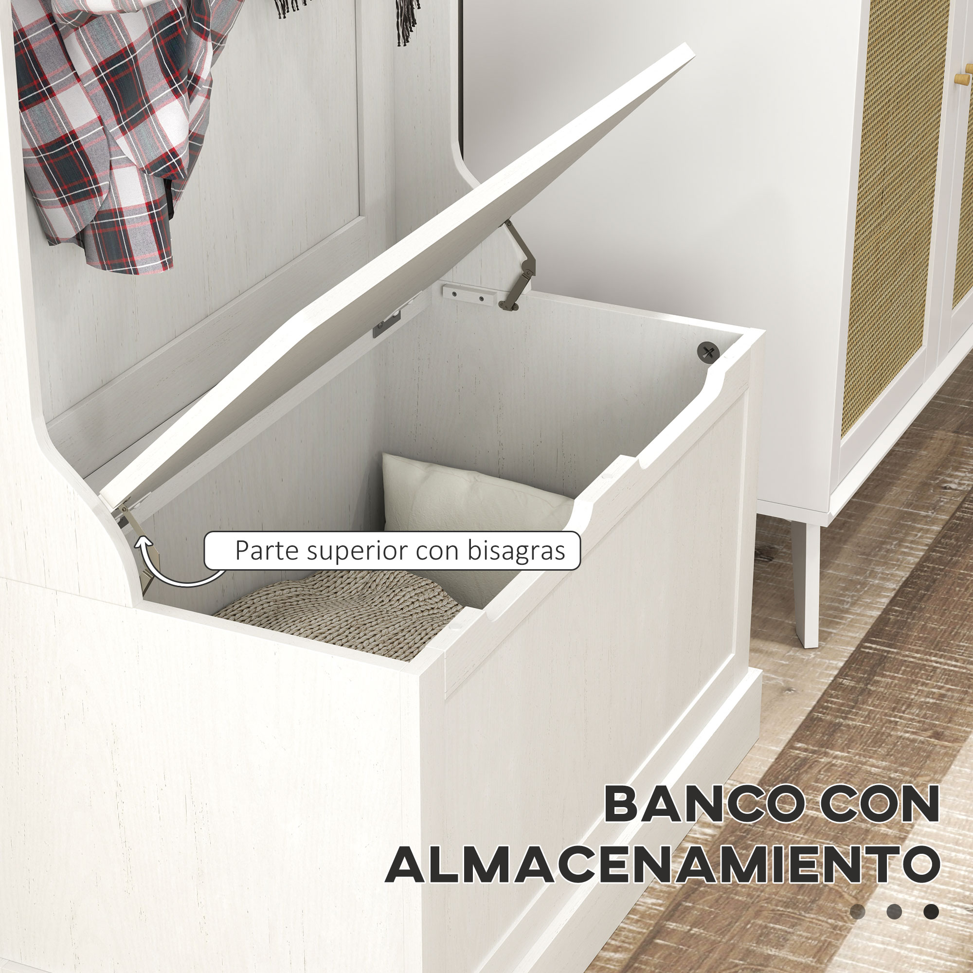 Banco de almacenamiento blanco con tapa abierta, cojín y manta.
