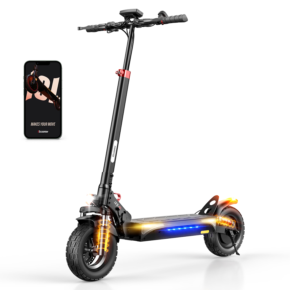 Monopattino elettrico nero con smartphone, ammortizzatori gialli e luci blu.