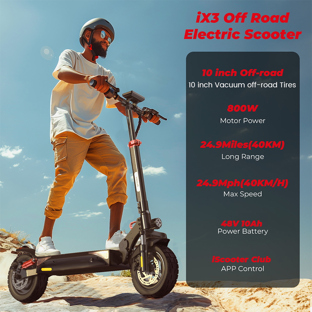 Uomo su monopattino elettrico iX3 con pneumatici off-road da 10 pollici, motore da 800W.