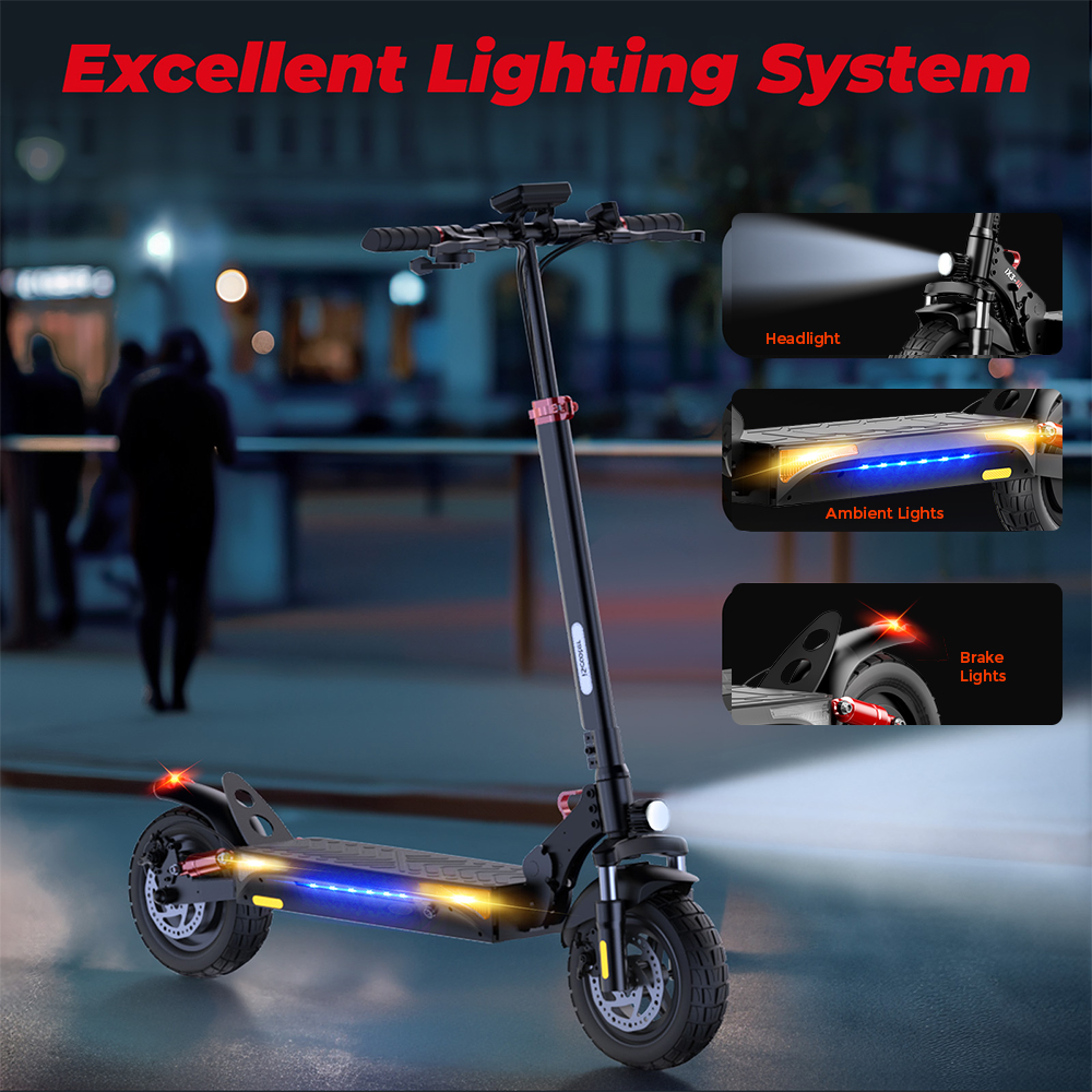 Uno scooter elettrico nero con luci ambientali e luci dei freni blu e gialle illuminate.