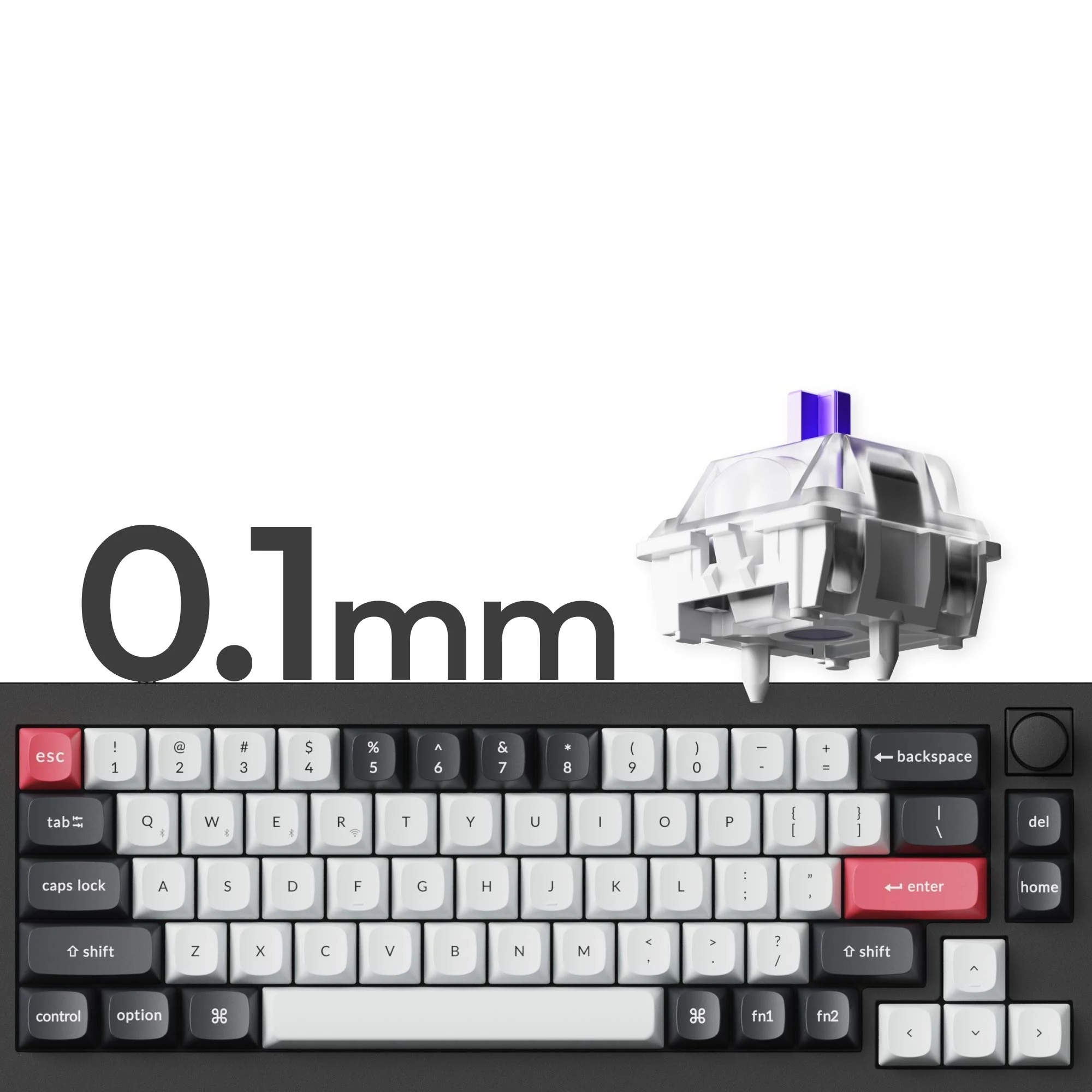 Klawiatura mechaniczna z przezroczystym przełącznikiem i napisem 0.1mm.