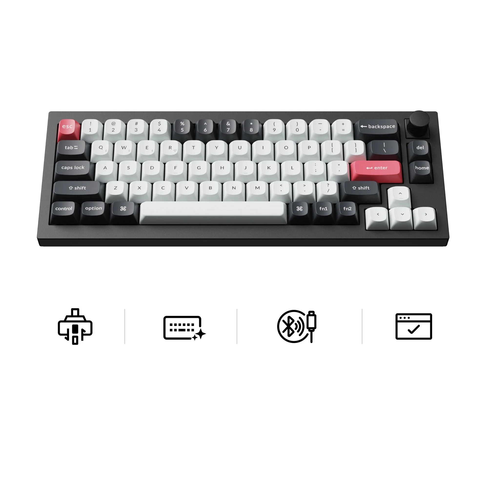 Ciemna klawiatura z białymi i czerwonymi klawiszami. Cztery ikony na dole.