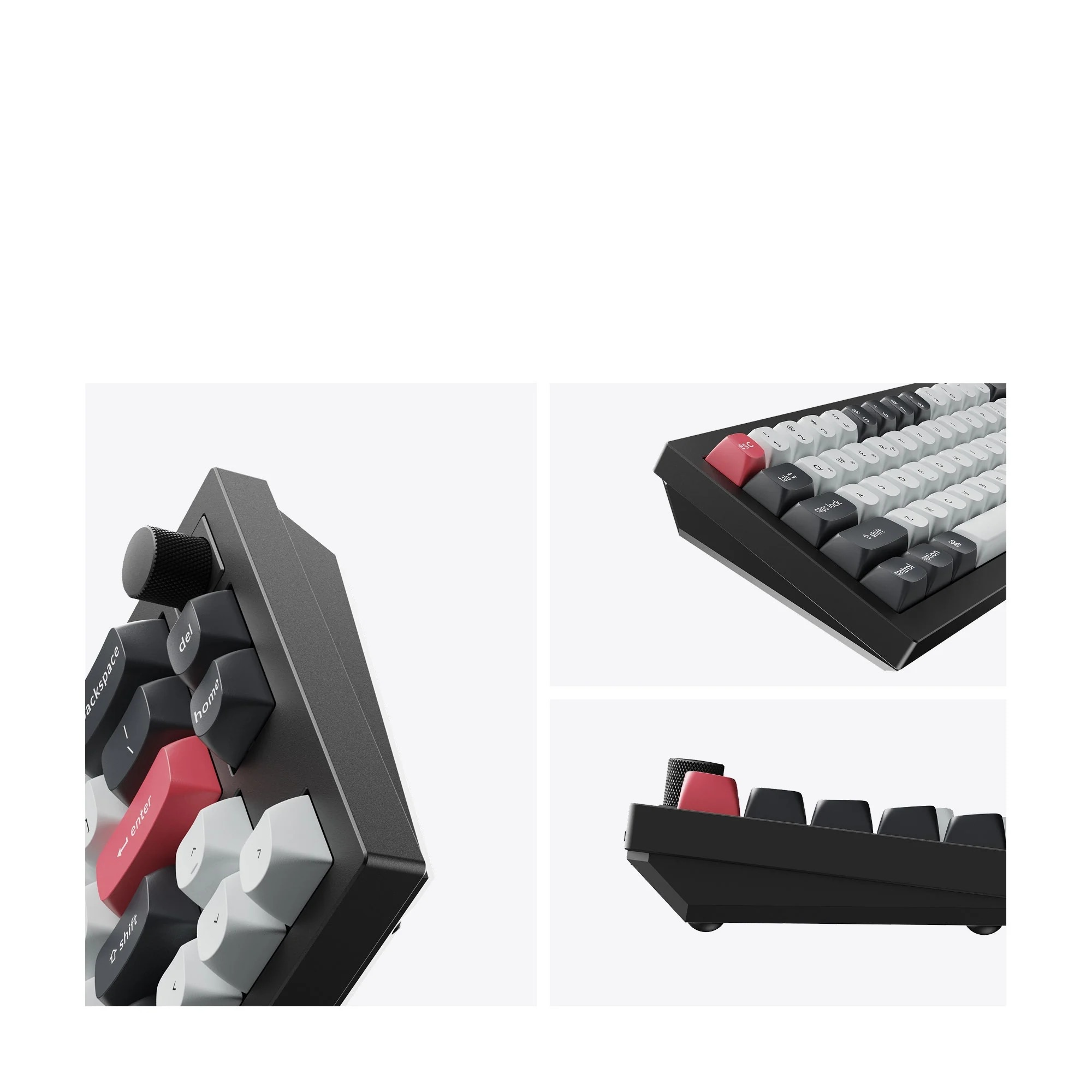 Zbliżenie czarnej klawiatury z szarymi, białymi i czerwonymi klawiszami. Widoczna jest gałka obrotowa.