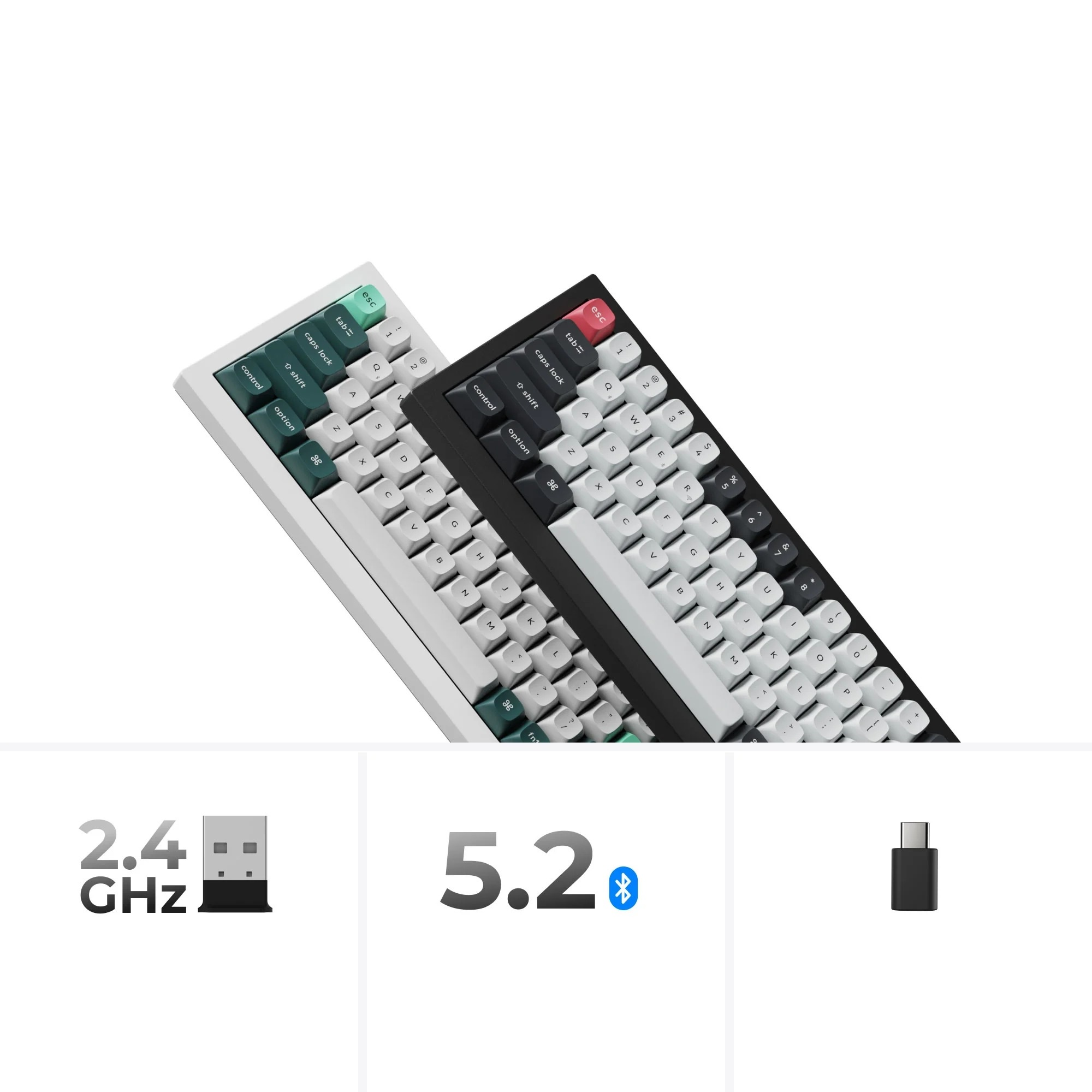 Dwa klawiatury, biała i czarna, obok siebie na białym tle.