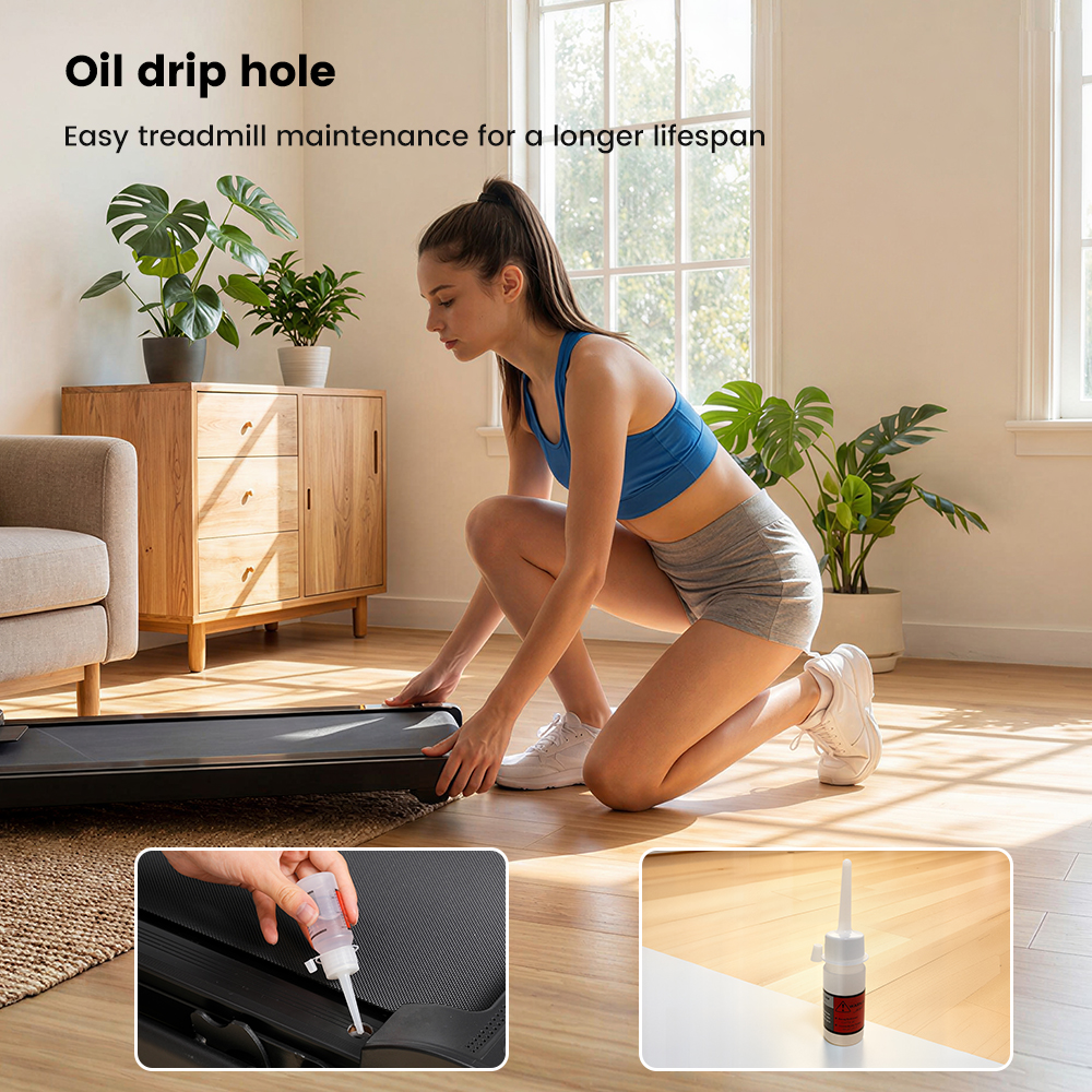 Donna in top blu olia tapis roulant. Primi piani mostrano flacone olio e foro goccia.