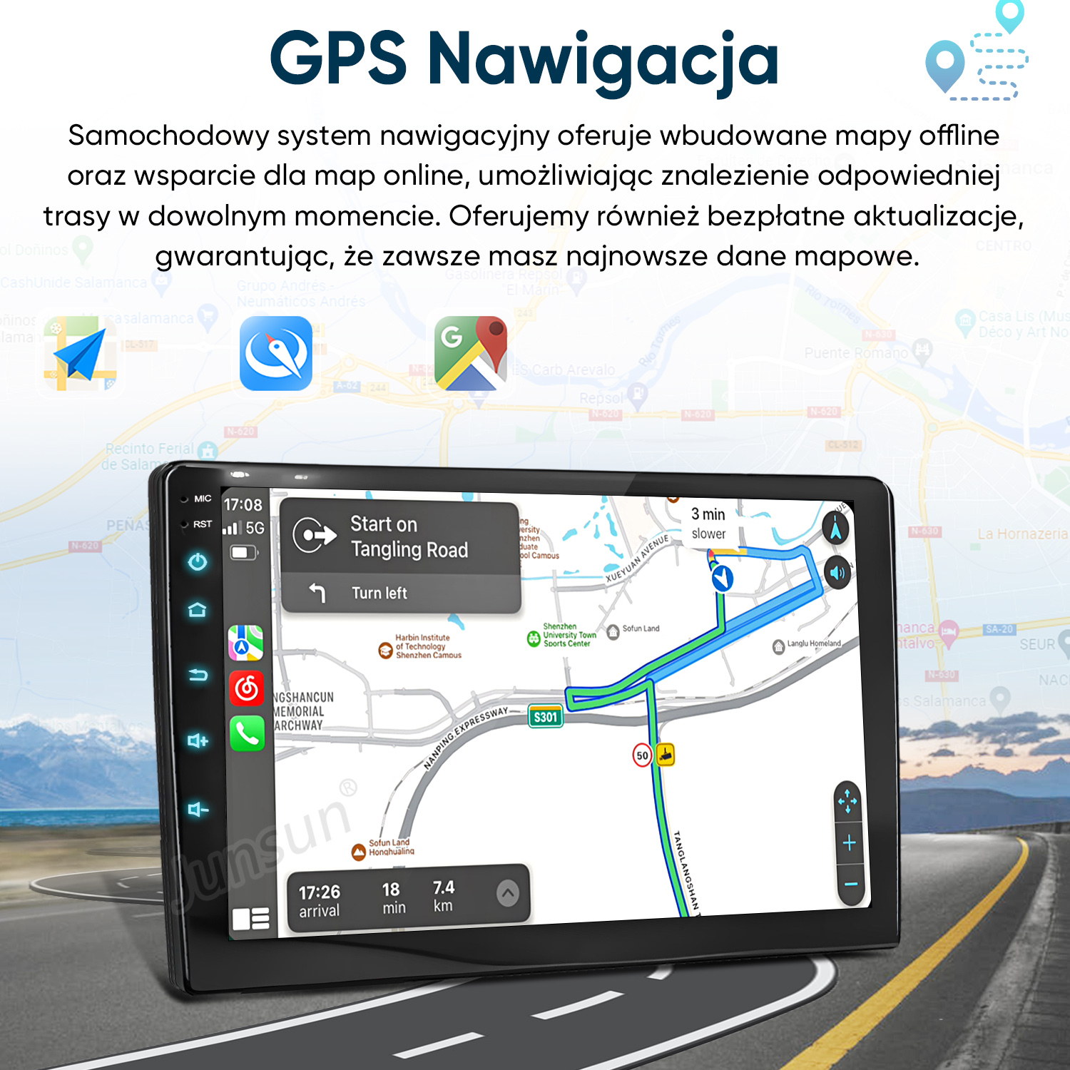 Urządzenie nawigacyjne pokazuje mapę z trasą. Tekst po polsku.