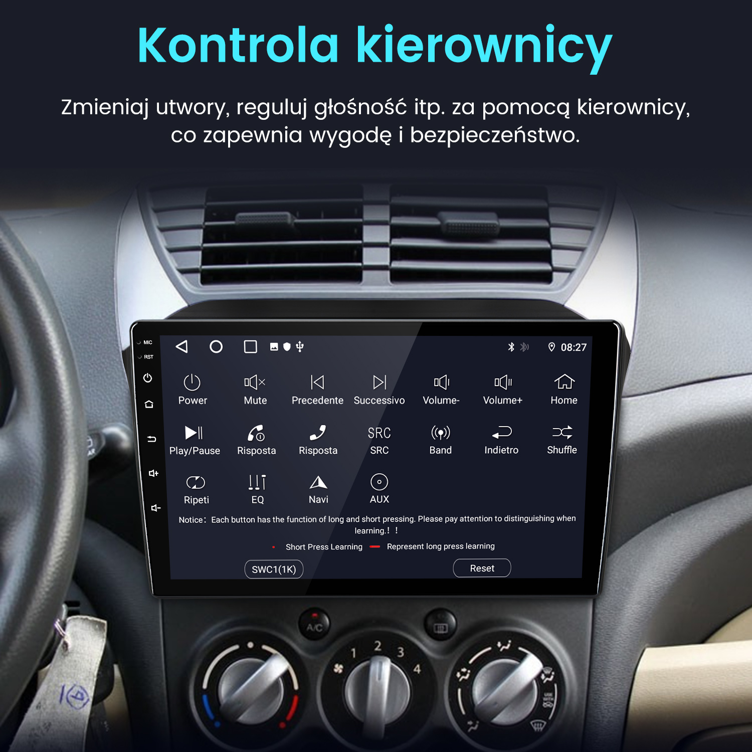 Ekran dotykowy radia samochodowego wyświetla opcje sterowania kierownicą z ikonami i tekstem.