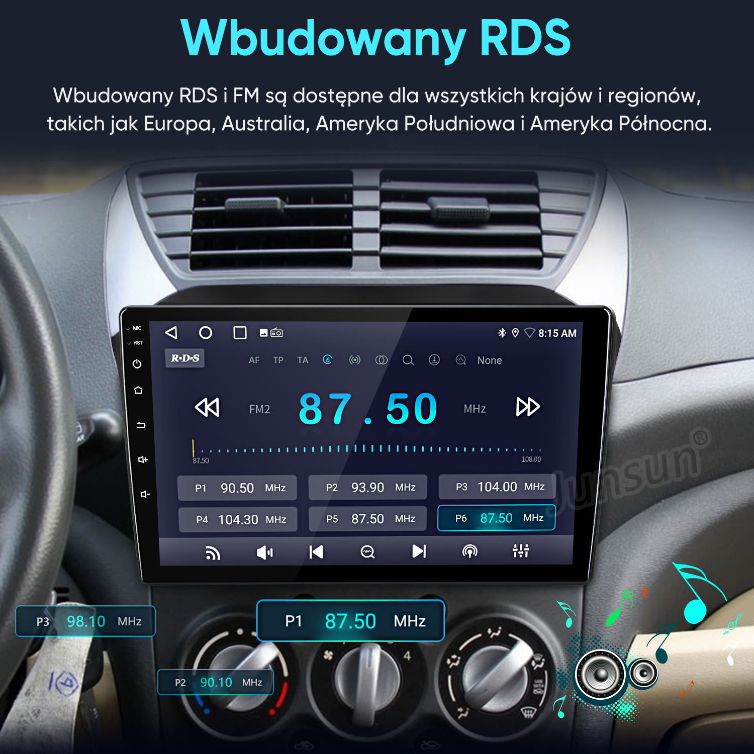 Wyświetlacz radia samochodowego pokazuje FM2 87.50 MHz i zapisane stacje.