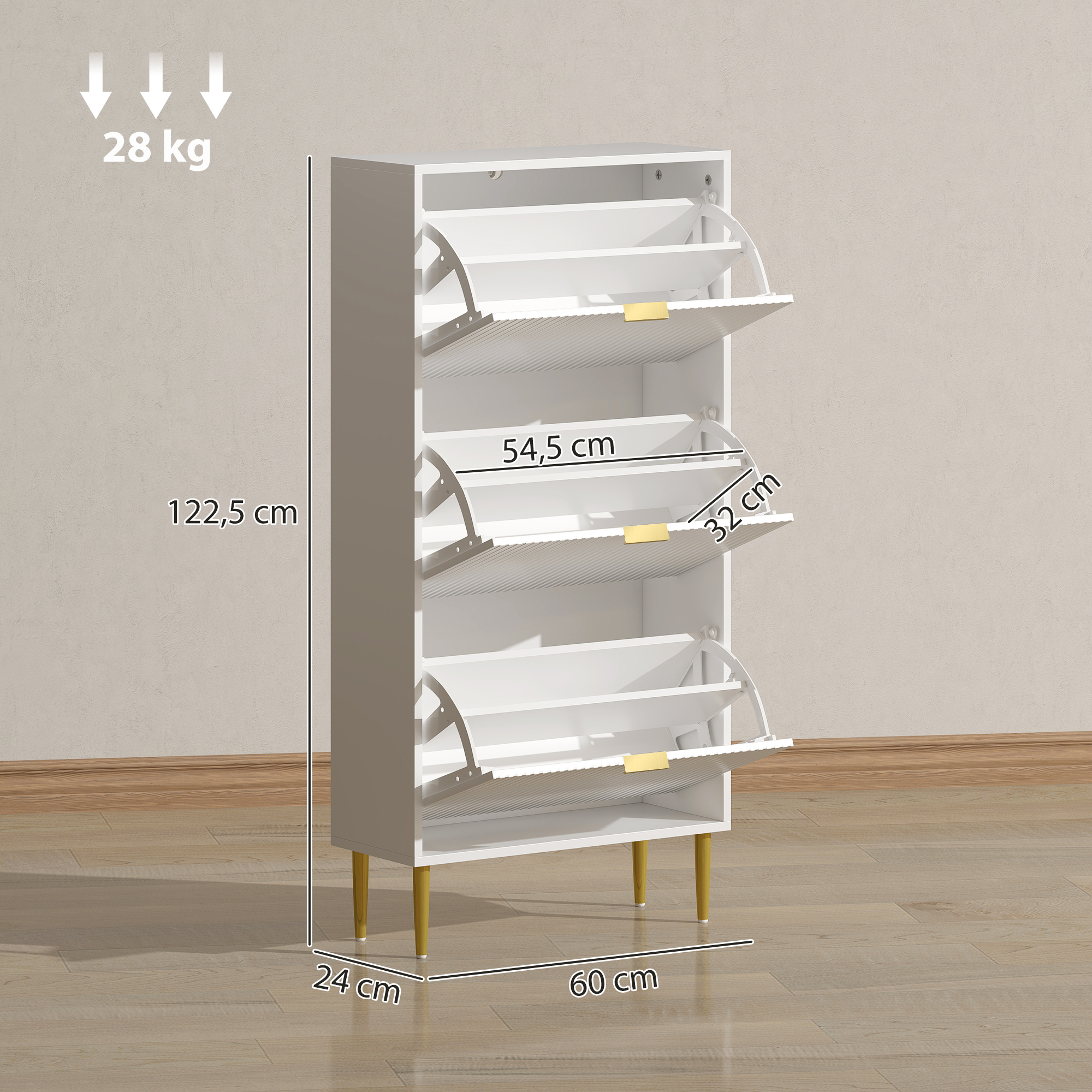 Un zapatero blanco con cuatro puertas abatibles, patas doradas y dimensiones.