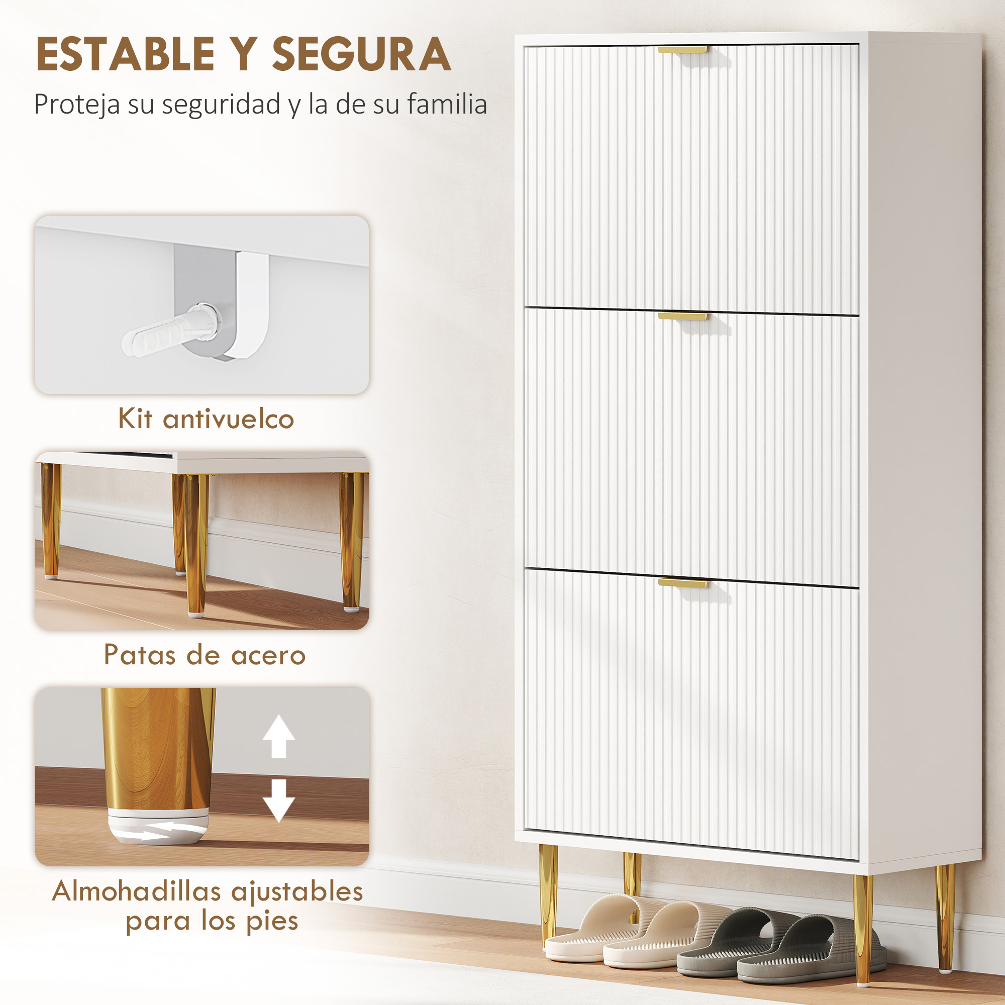 Un zapatero blanco con tres puertas abatibles y tiradores dorados, con zapatos debajo.