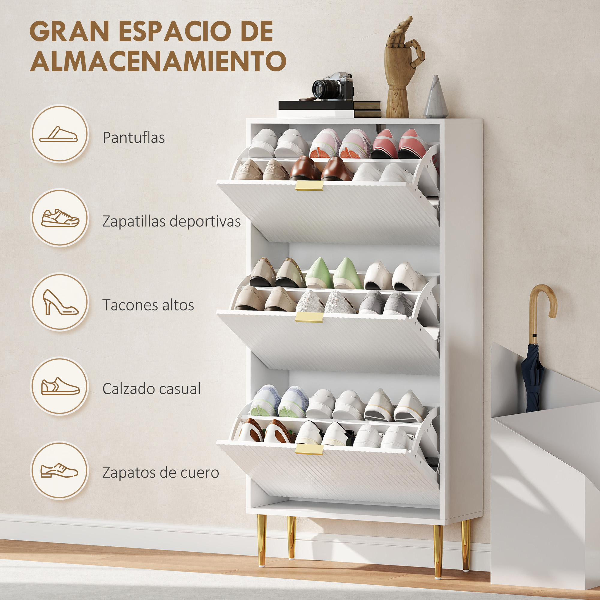 Un zapatero blanco con múltiples estantes llenos de zapatos.