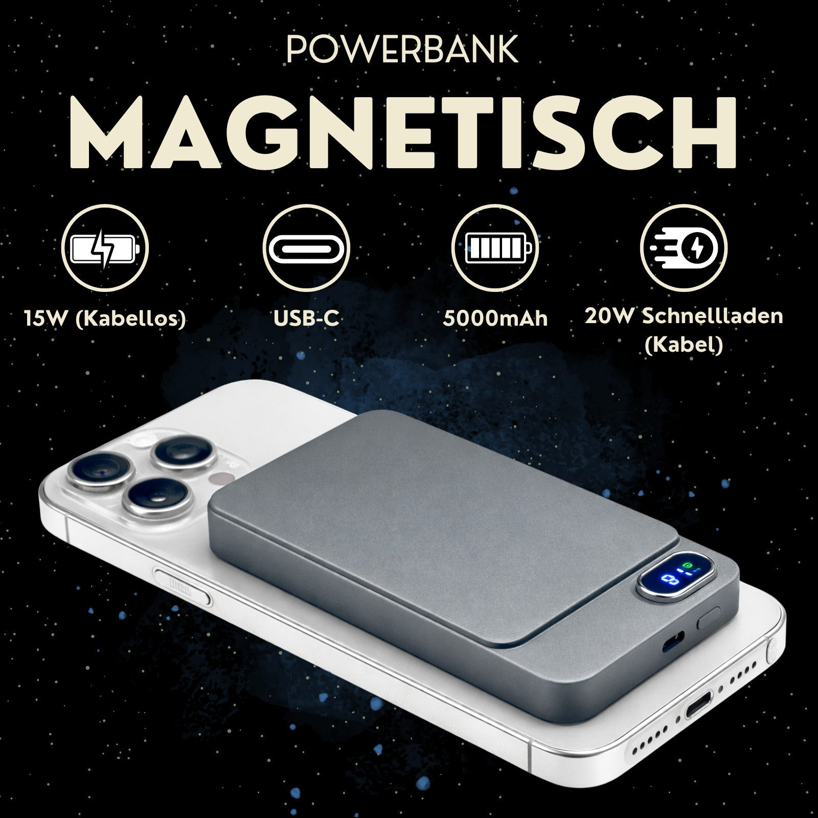 Graue magnetische Powerbank mit digitaler Anzeige auf weißem Smartphone.