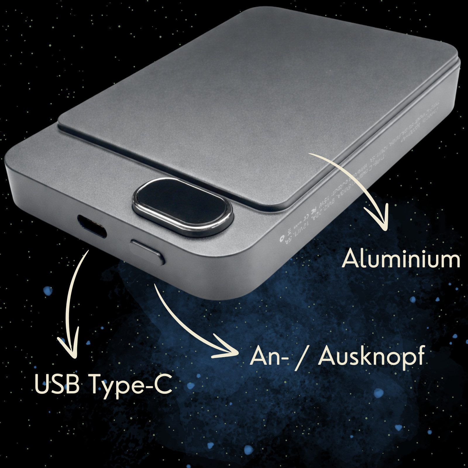 Graues Aluminium-Gerät mit USB-C-Anschluss und Ein-/Aus-Knopf.