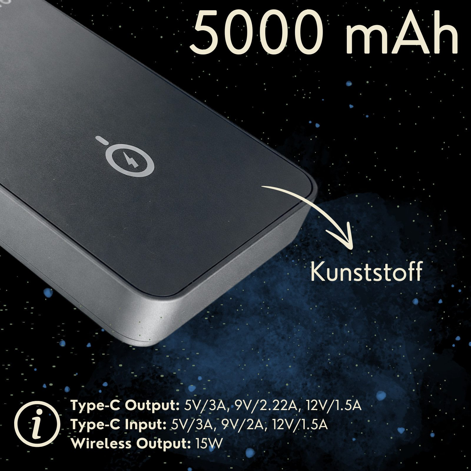 Ein schwarzer Powerbank mit 5000 mAh Kapazität und Ladespezifikationen.