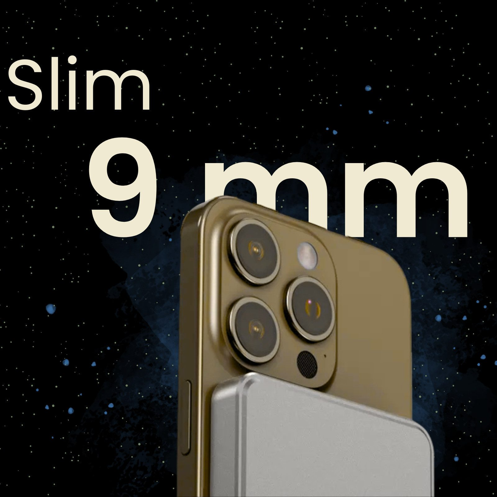 Goldenes Smartphone mit drei Kameras auf schwarzem Hintergrund mit Sternen.