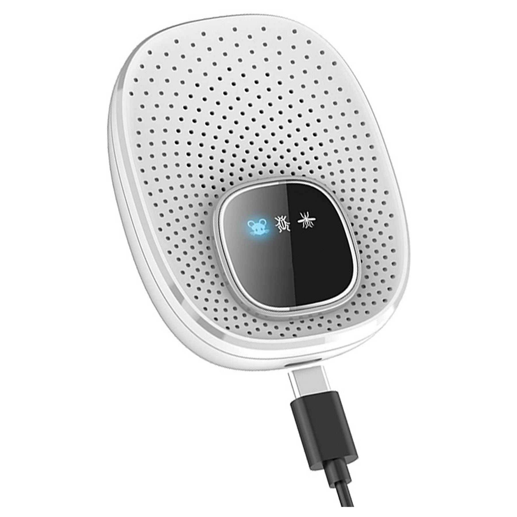 Ein weißer, ovaler USB-C-Gerät mit Lochmuster und einem kleinen blauen Mausemblem.
