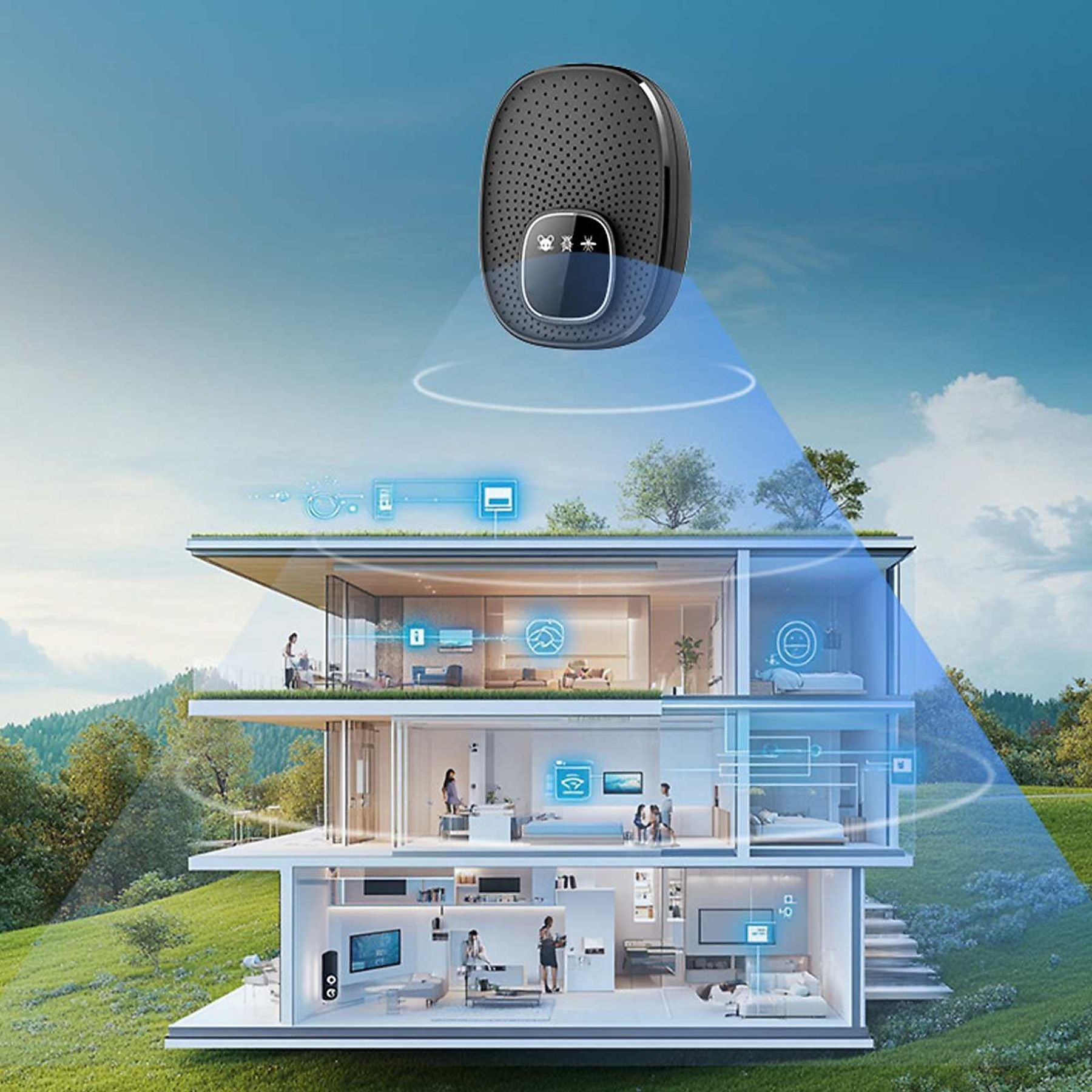 Ein intelligenter Lautsprecher über einem mehrstöckigen Haus, das mit dem Smart Home verbunden ist.