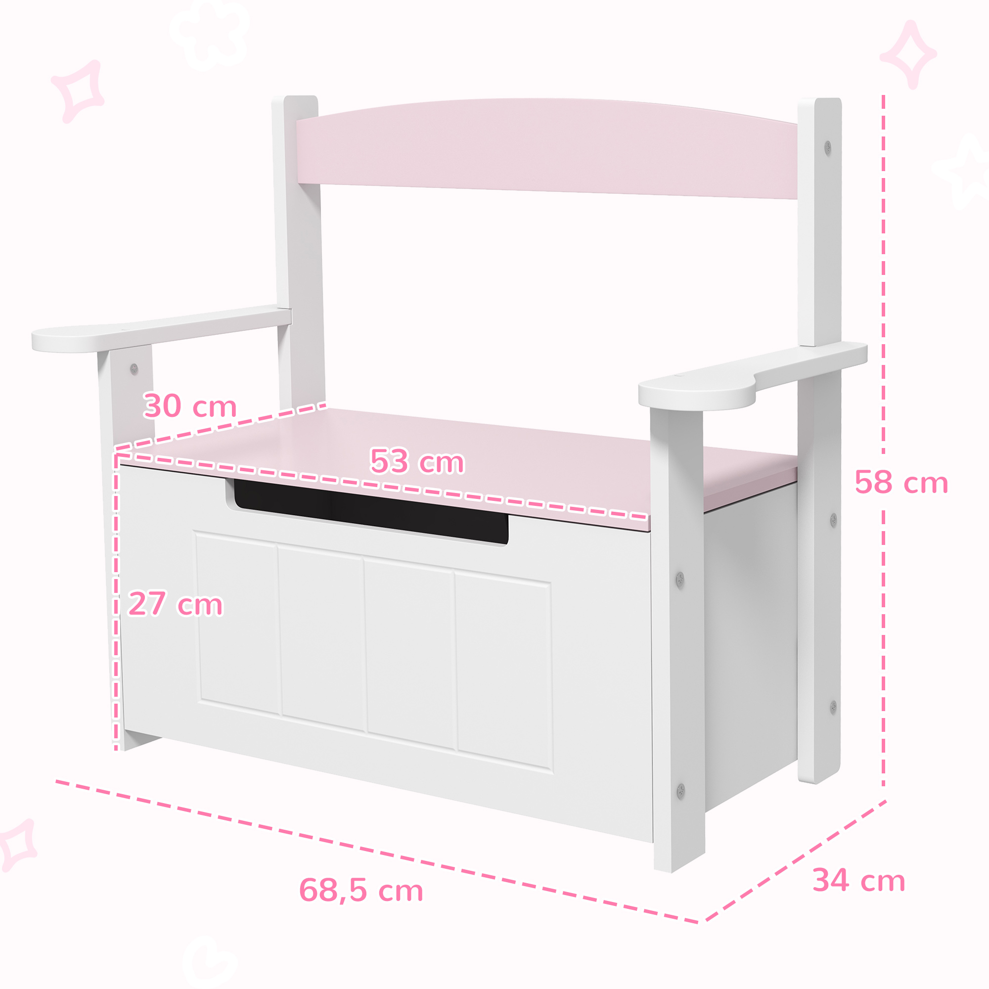 Un banco de almacenamiento de juguetes blanco con asiento y respaldo rosa.