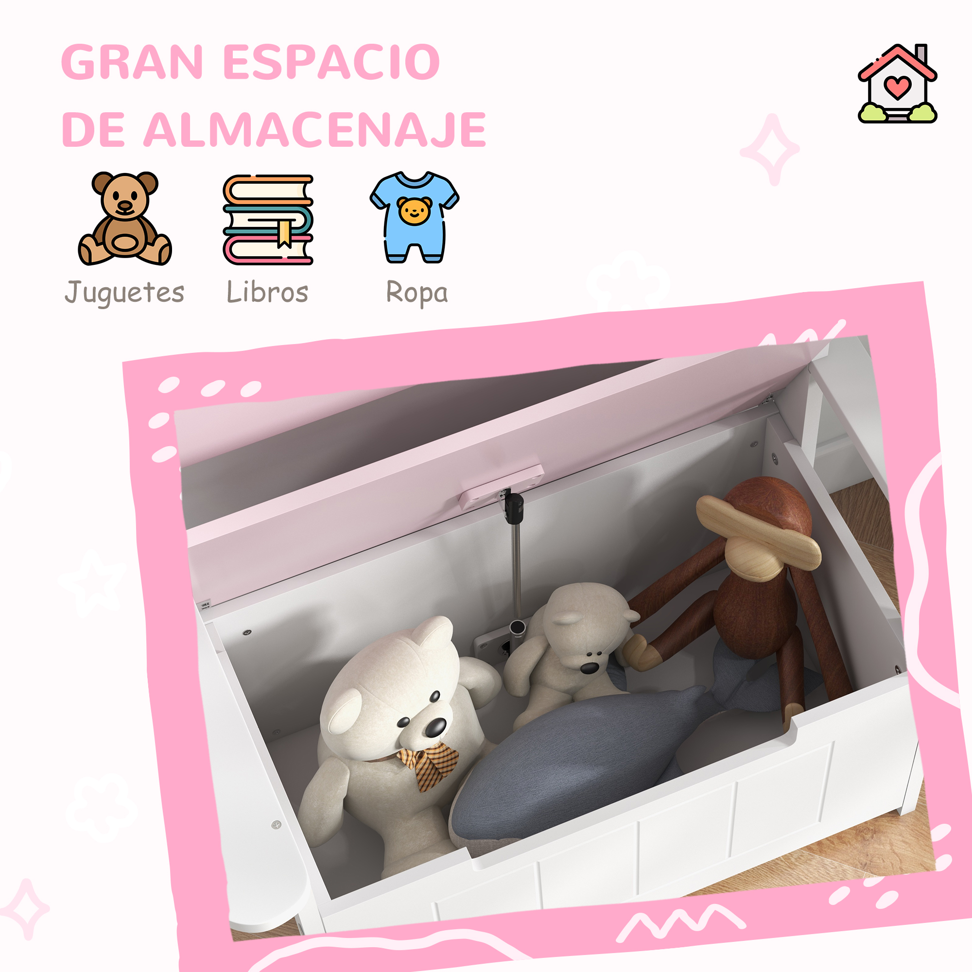 Un baúl de almacenamiento blanco con ositos de peluche y un cojín de ballena.