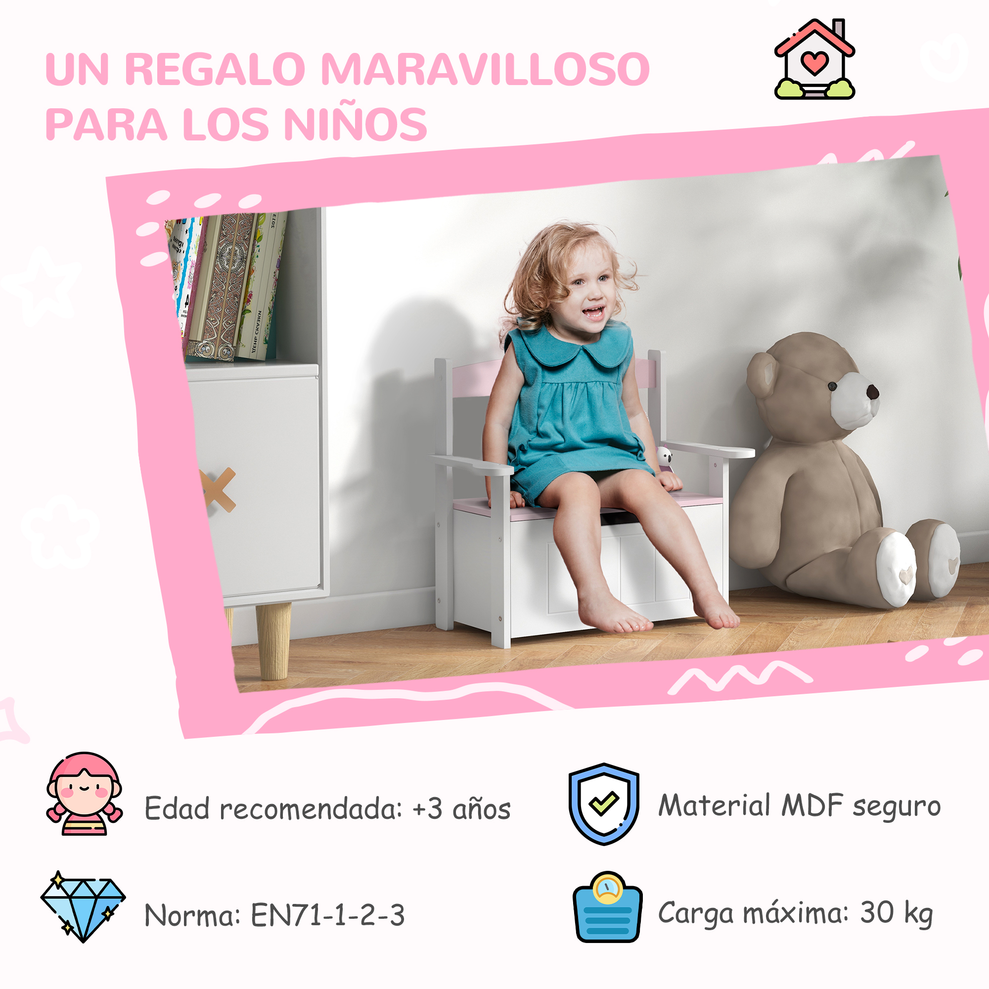 Niña sentada en banco junto a oso de peluche. Texto indica edad y material.